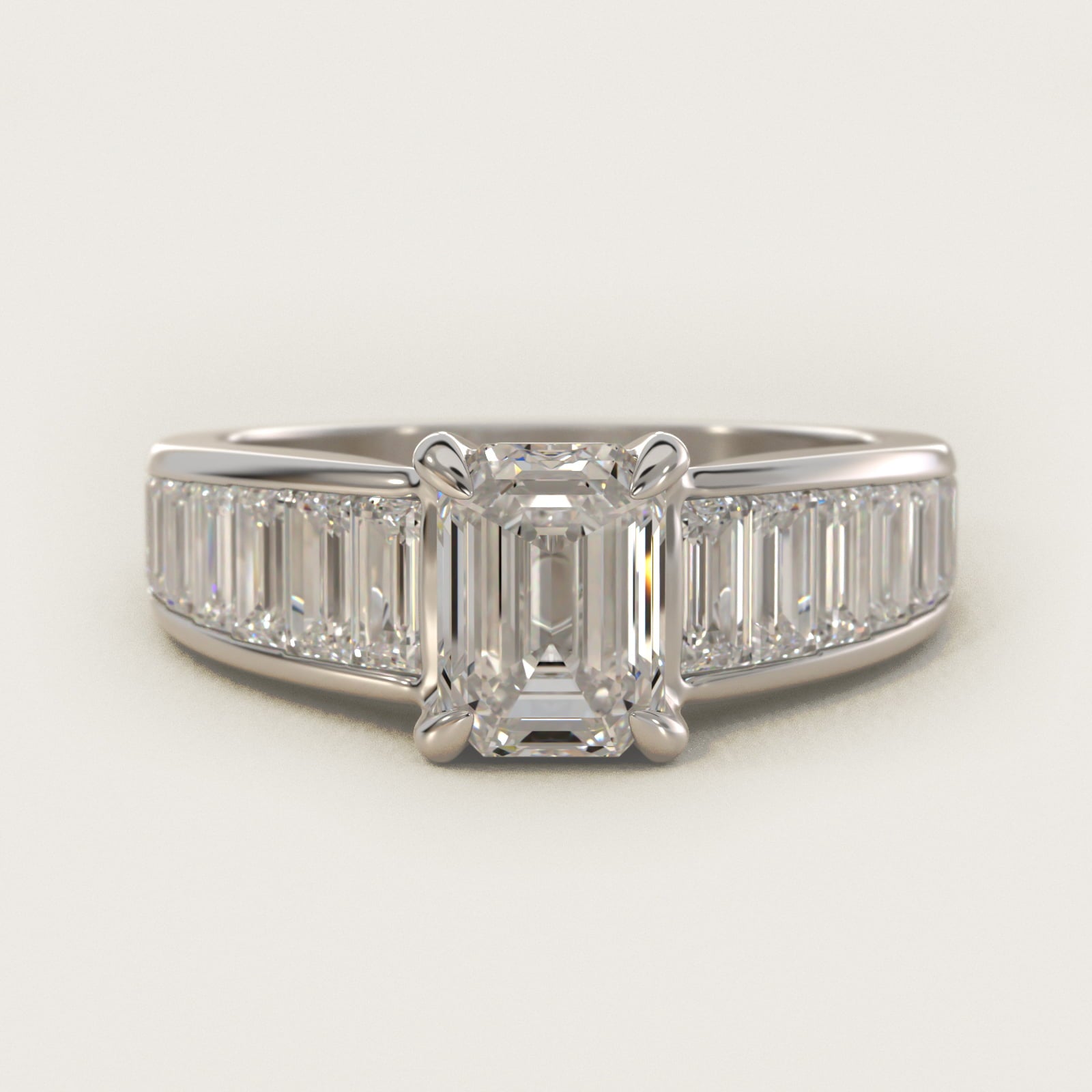 Baguette Channel Diamond Engagement Ring in 18k White Gold - Emerald Center