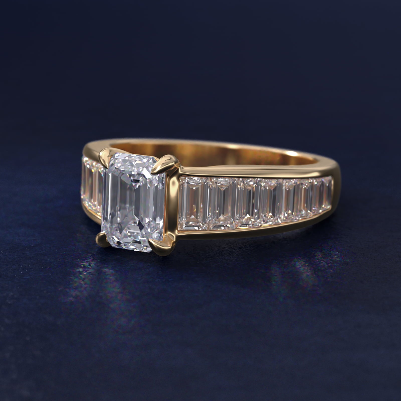 Baguette Channel Diamond Engagement Ring in 18k Yellow Gold - Emerald Center