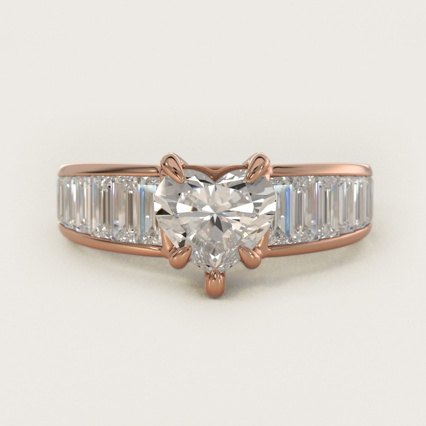 Baguette Channel Diamond Engagement Ring in 18k Rose Gold - Heart Center