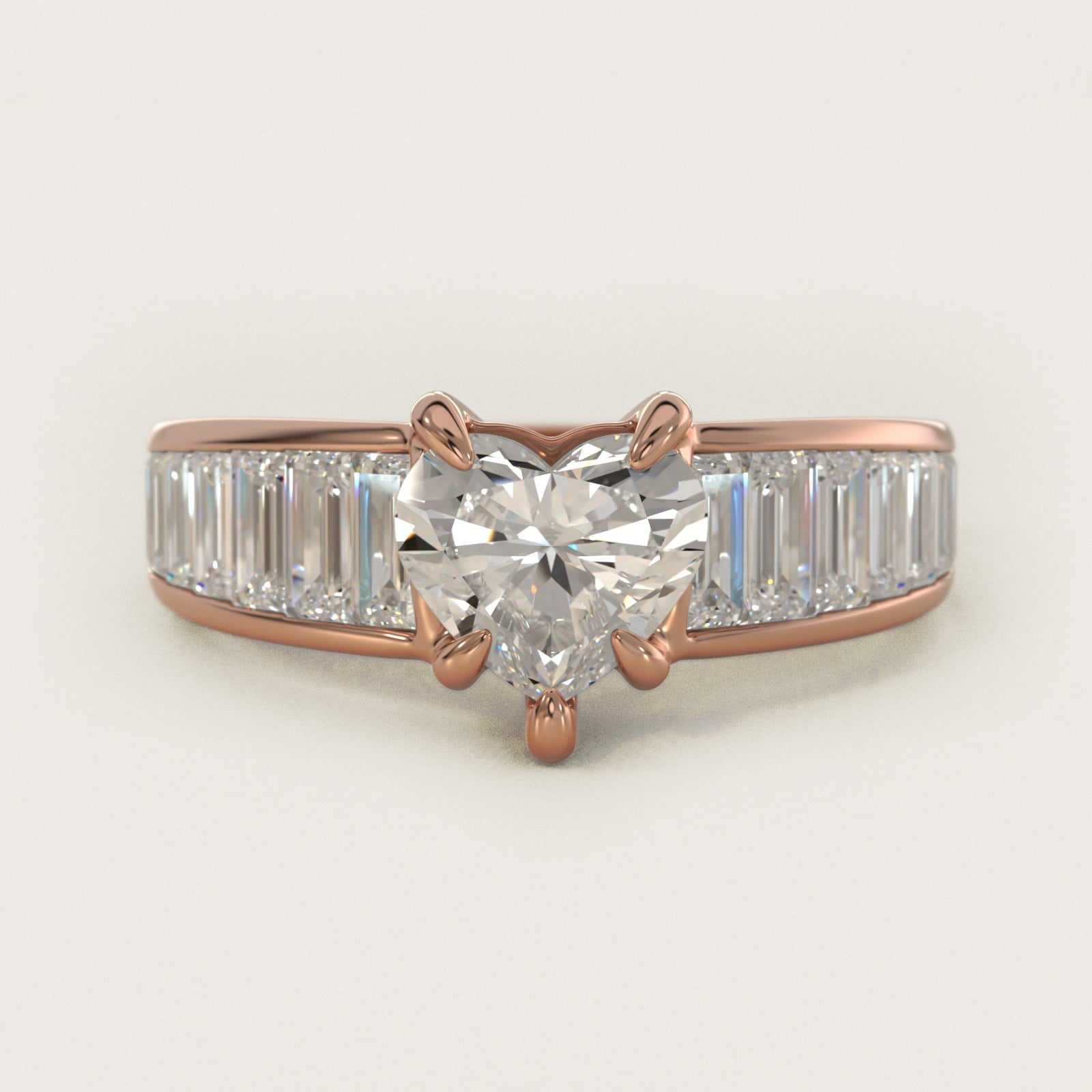 Baguette Channel Diamond Engagement Ring in 18k Rose Gold - Heart Center