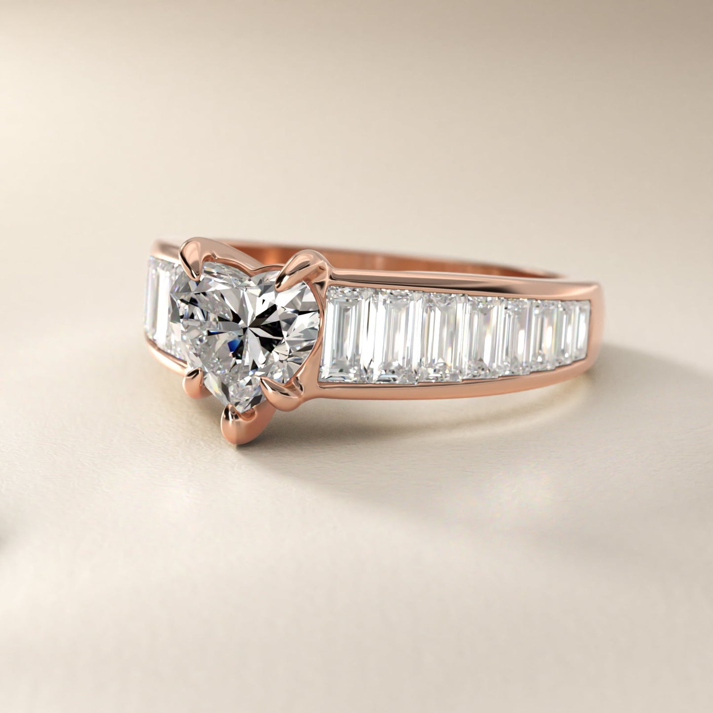 Baguette Channel Diamond Engagement Ring in 14k Rose Gold - Heart Center