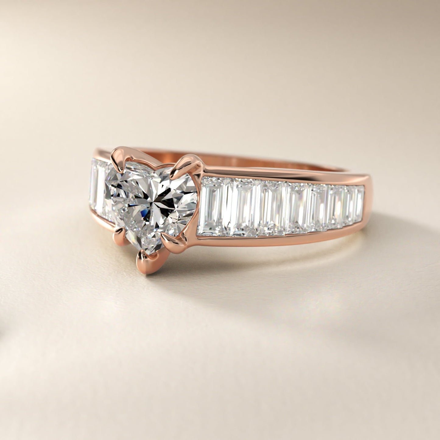 Baguette Channel Diamond Engagement Ring in 18k Rose Gold - Heart Center