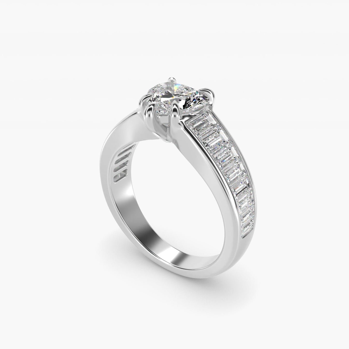 Baguette Channel Diamond Engagement Ring in 18k White Gold - Heart Center