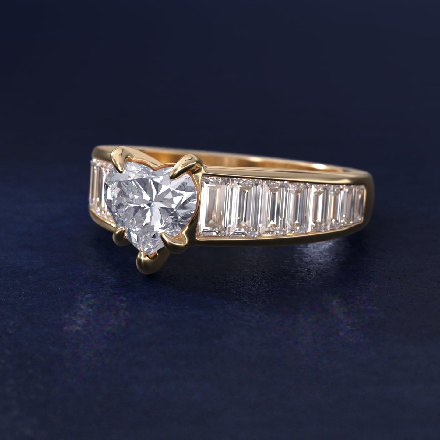 Baguette Channel Diamond Engagement Ring in 18k Yellow Gold - Heart Center