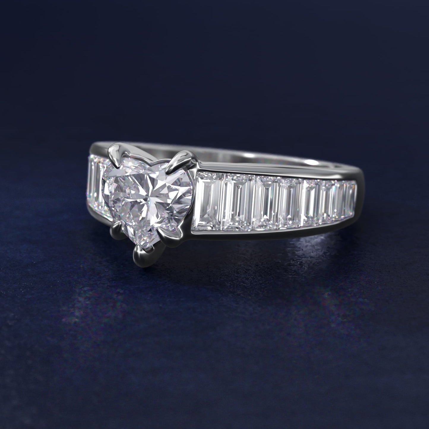 Baguette Channel Diamond Engagement Ring in Platinum - Heart Center