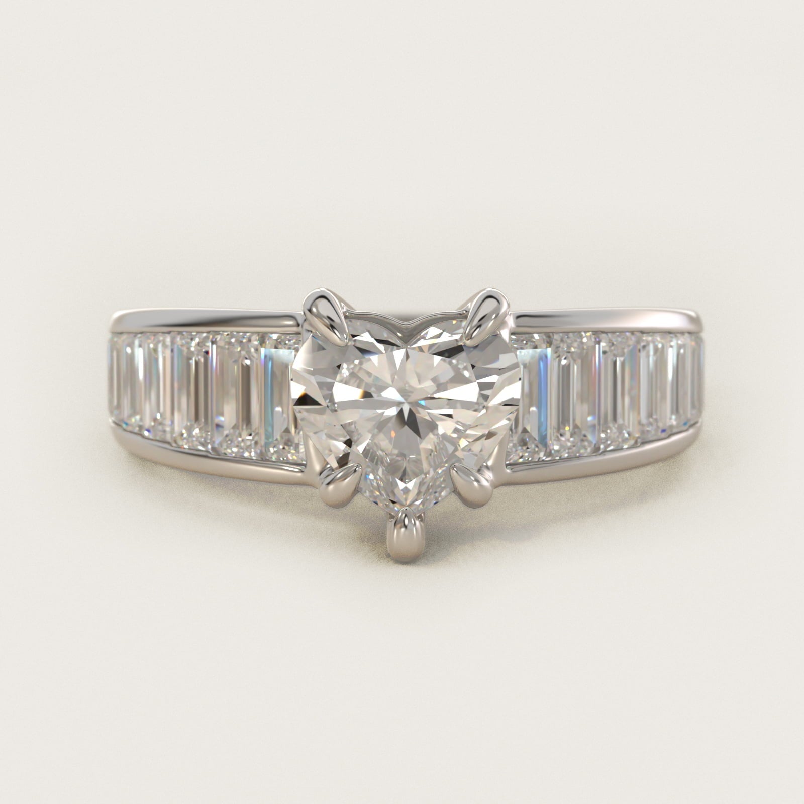 Baguette Channel Diamond Engagement Ring in Platinum - Heart Center
