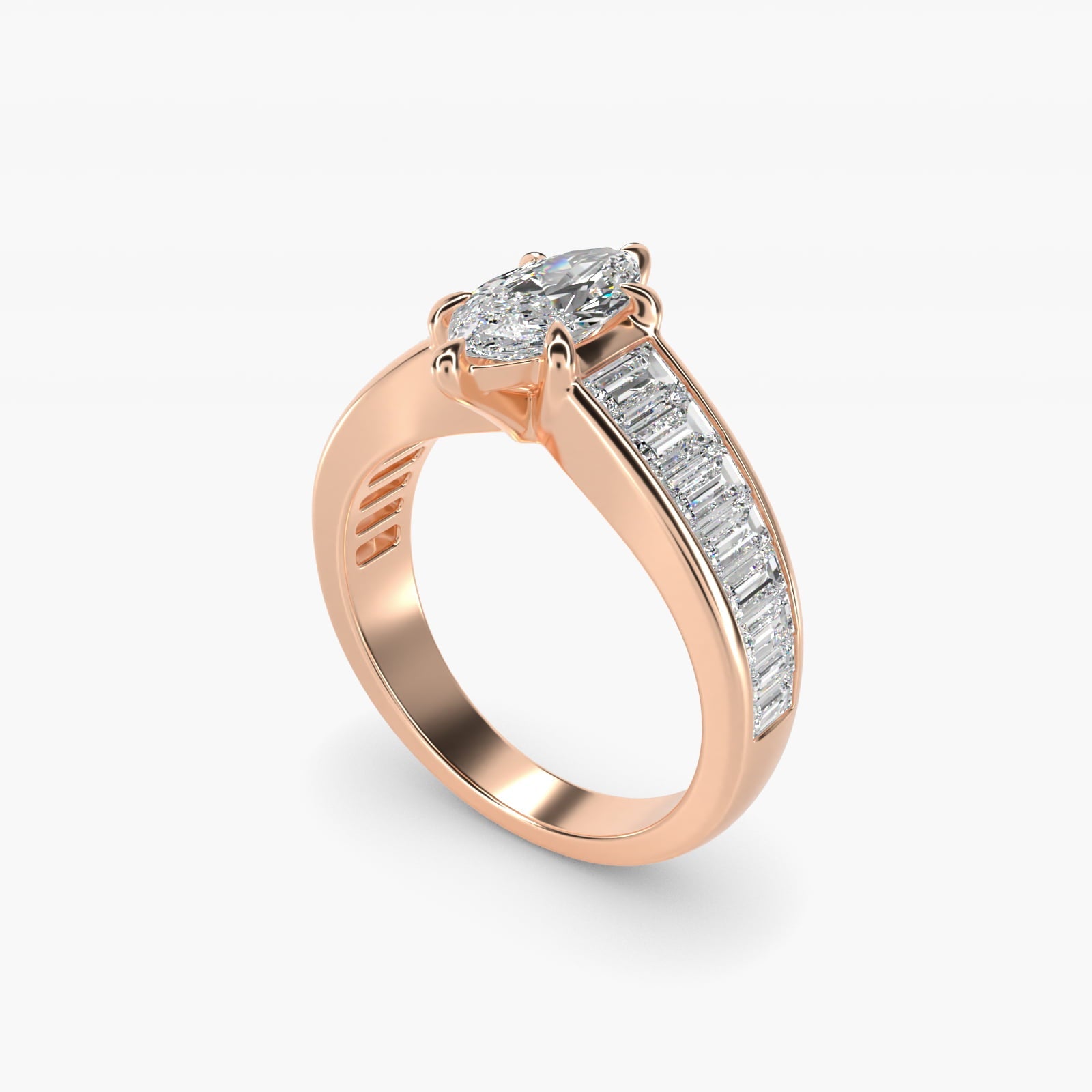 Baguette Channel Diamond Engagement Ring in 18k Rose Gold - Marquise Center