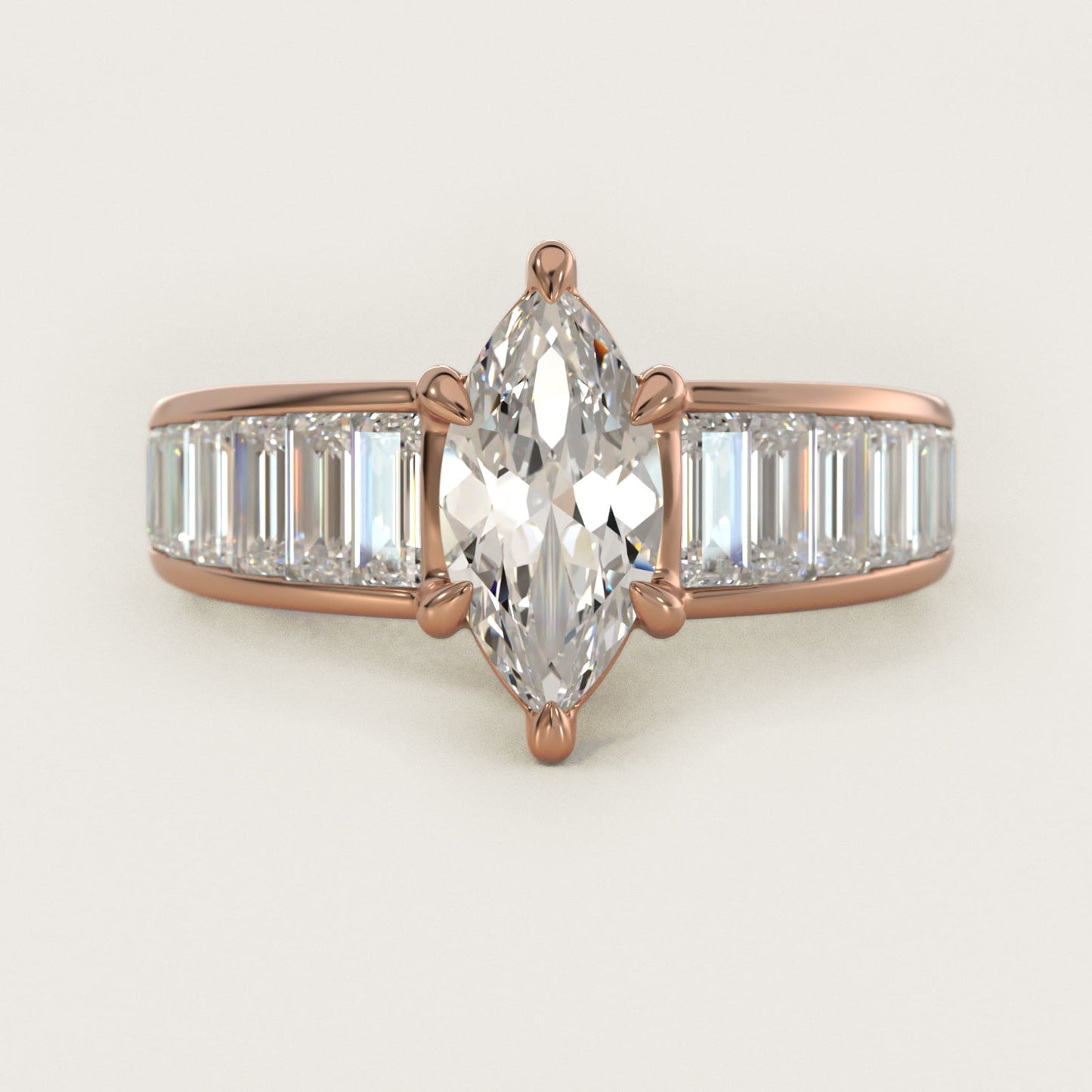 Baguette Channel Diamond Engagement Ring in 14k Rose Gold - Marquise Center