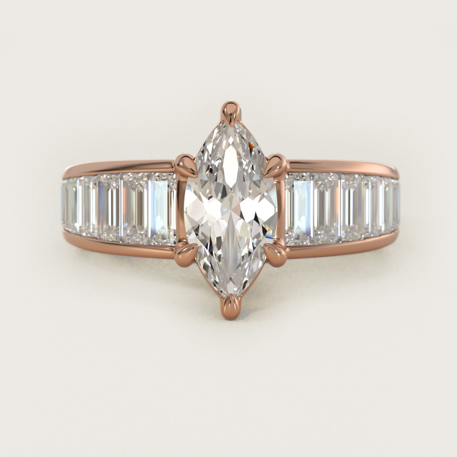 Baguette Channel Diamond Engagement Ring in 14k Rose Gold - Marquise Center