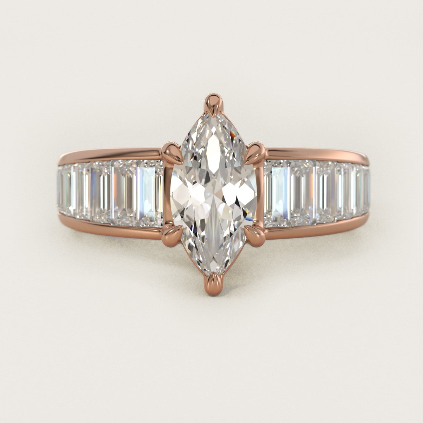 Baguette Channel Diamond Engagement Ring in 18k Rose Gold - Marquise Center