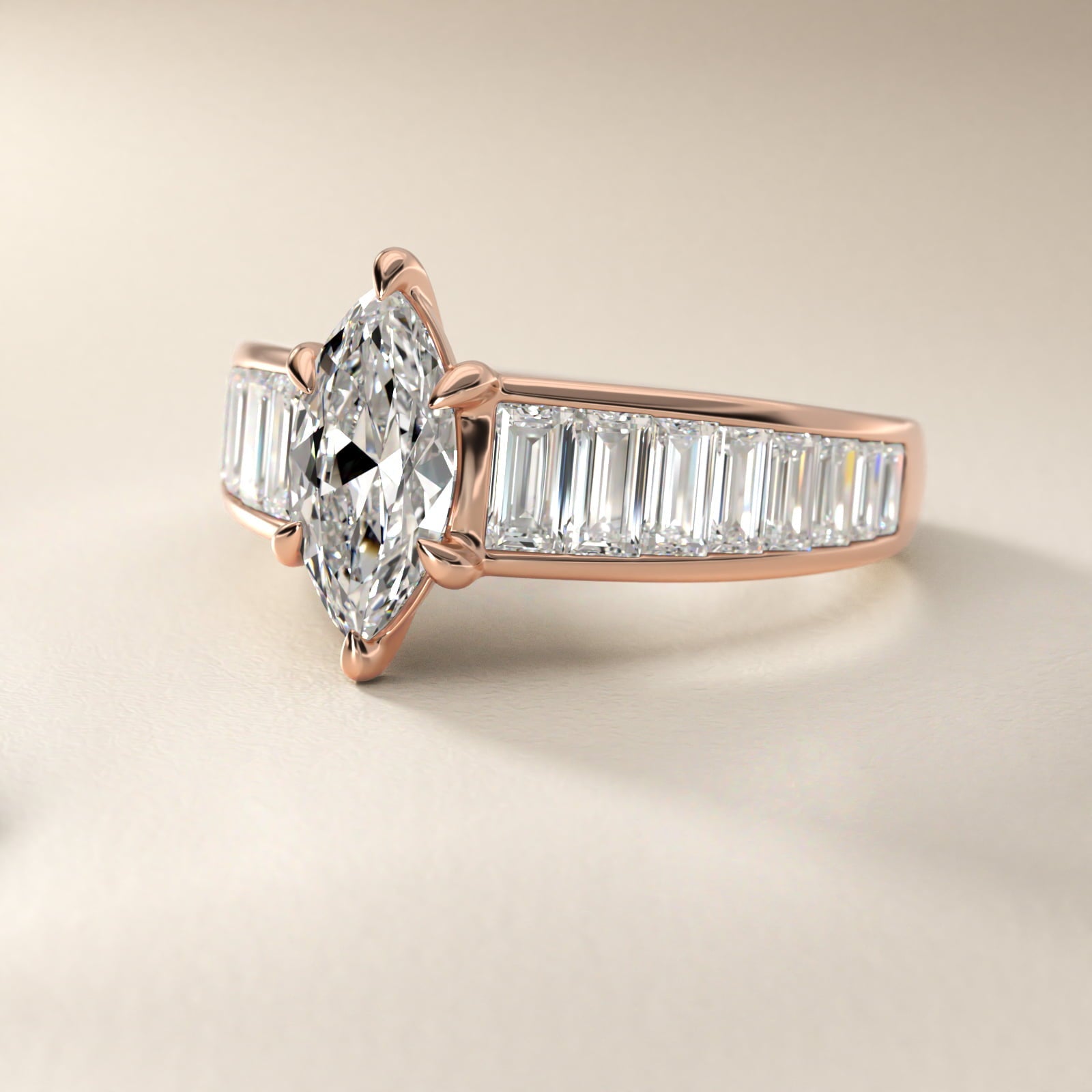Baguette Channel Diamond Engagement Ring in 18k Rose Gold - Marquise Center