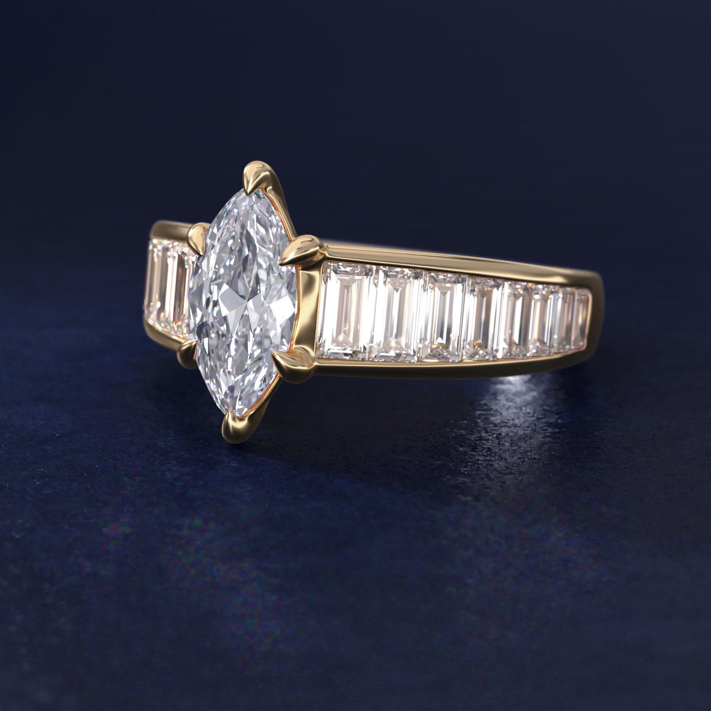 Baguette Channel Diamond Engagement Ring in 18k Yellow Gold - Marquise Center