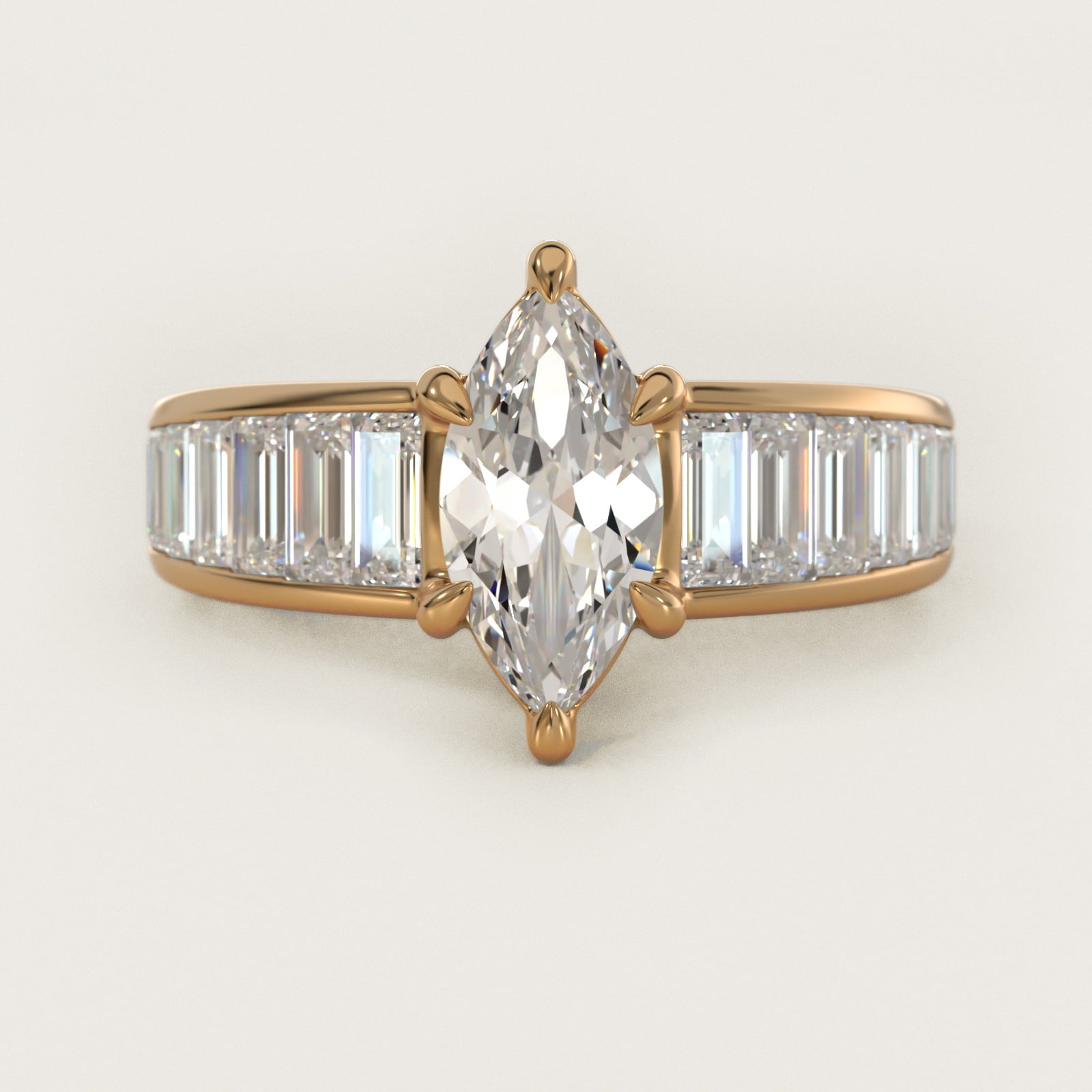 Baguette Channel Diamond Engagement Ring in 18k Yellow Gold - Marquise Center