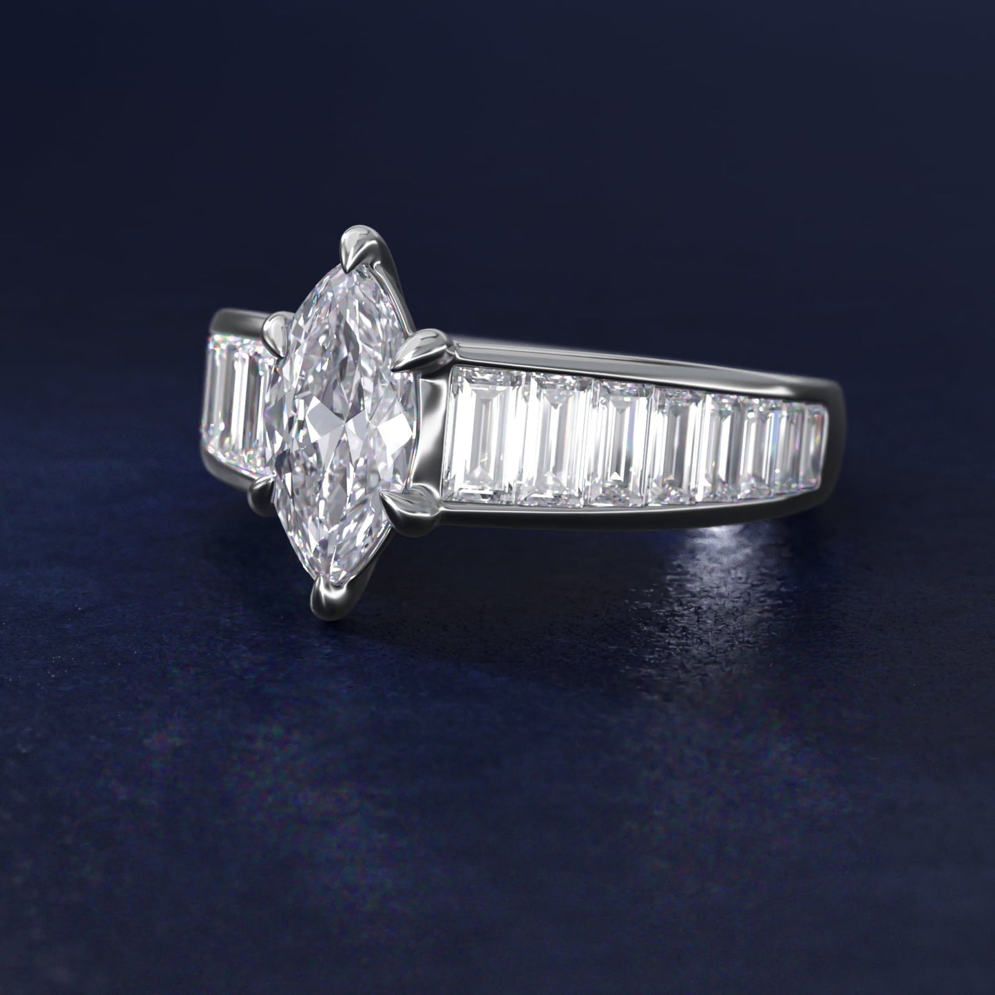 Baguette Channel Diamond Engagement Ring in Platinum - Marquise Center