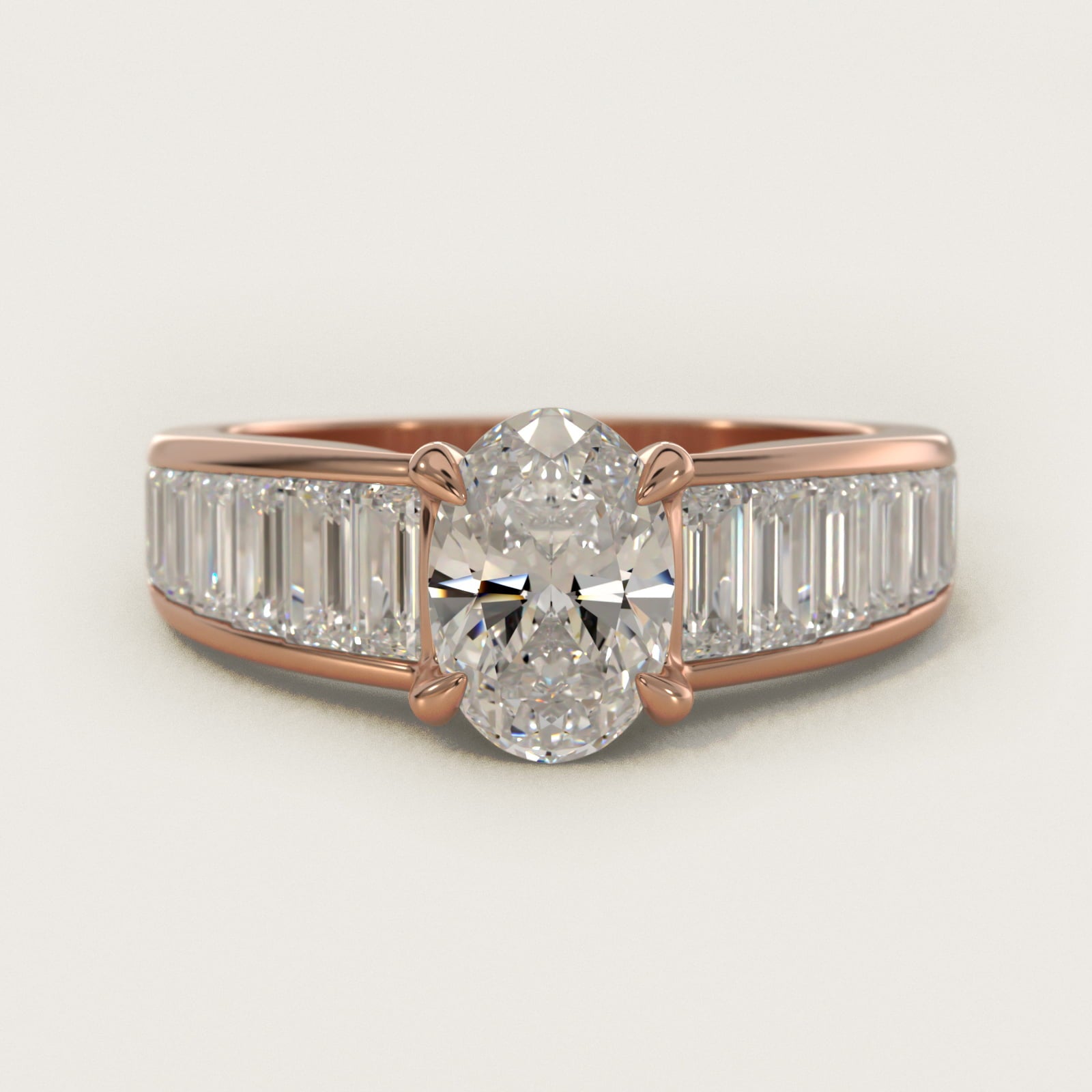 Baguette Channel Diamond Engagement Ring in 14k Rose Gold - Oval Center