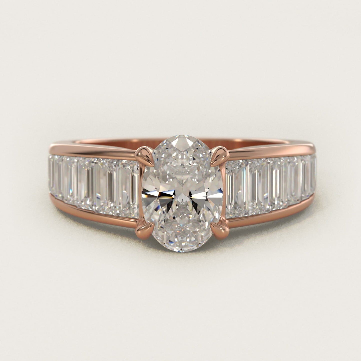 Baguette Channel Diamond Engagement Ring in 18k Rose Gold - Oval Center
