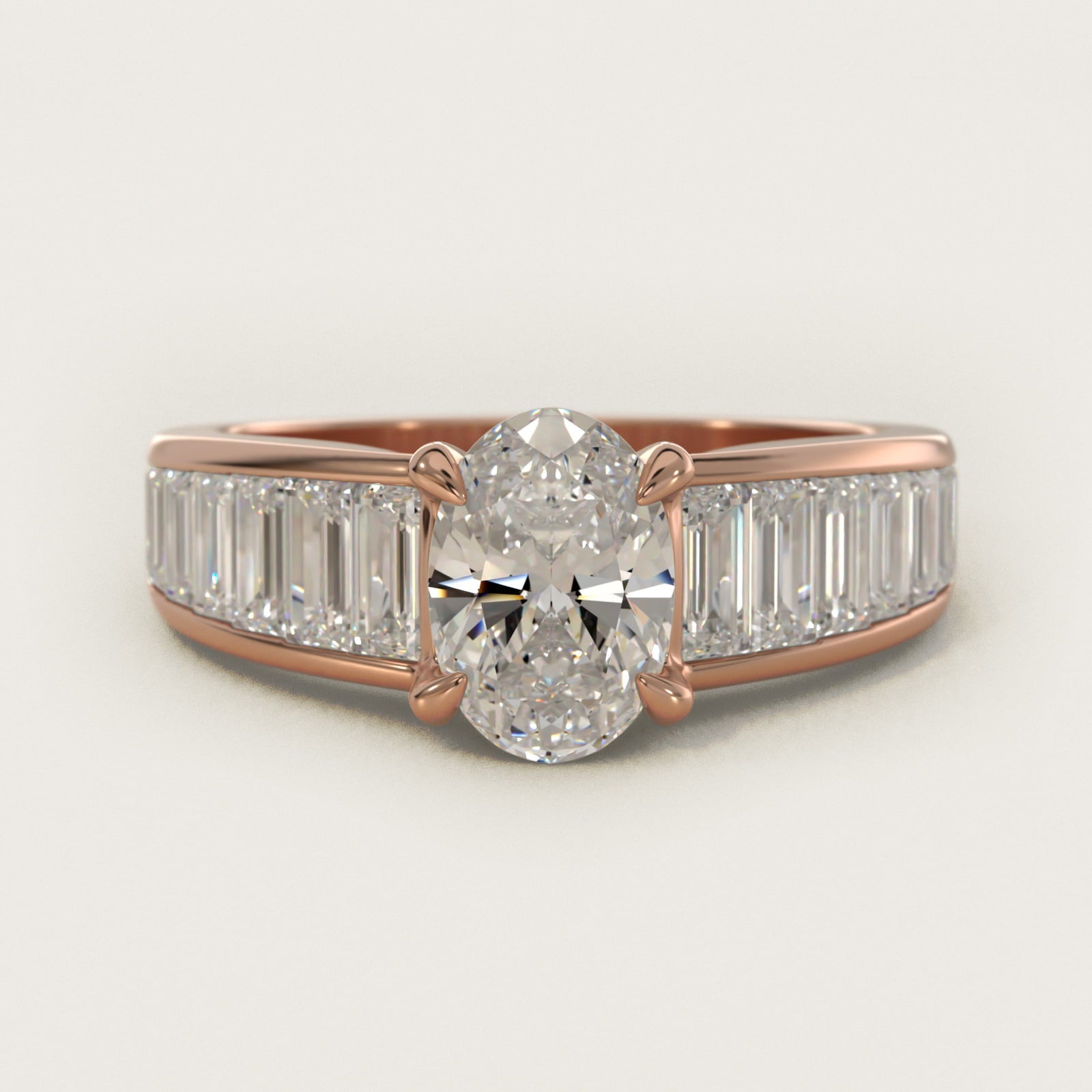 Baguette Channel Diamond Engagement Ring in 18k Rose Gold - Oval Center