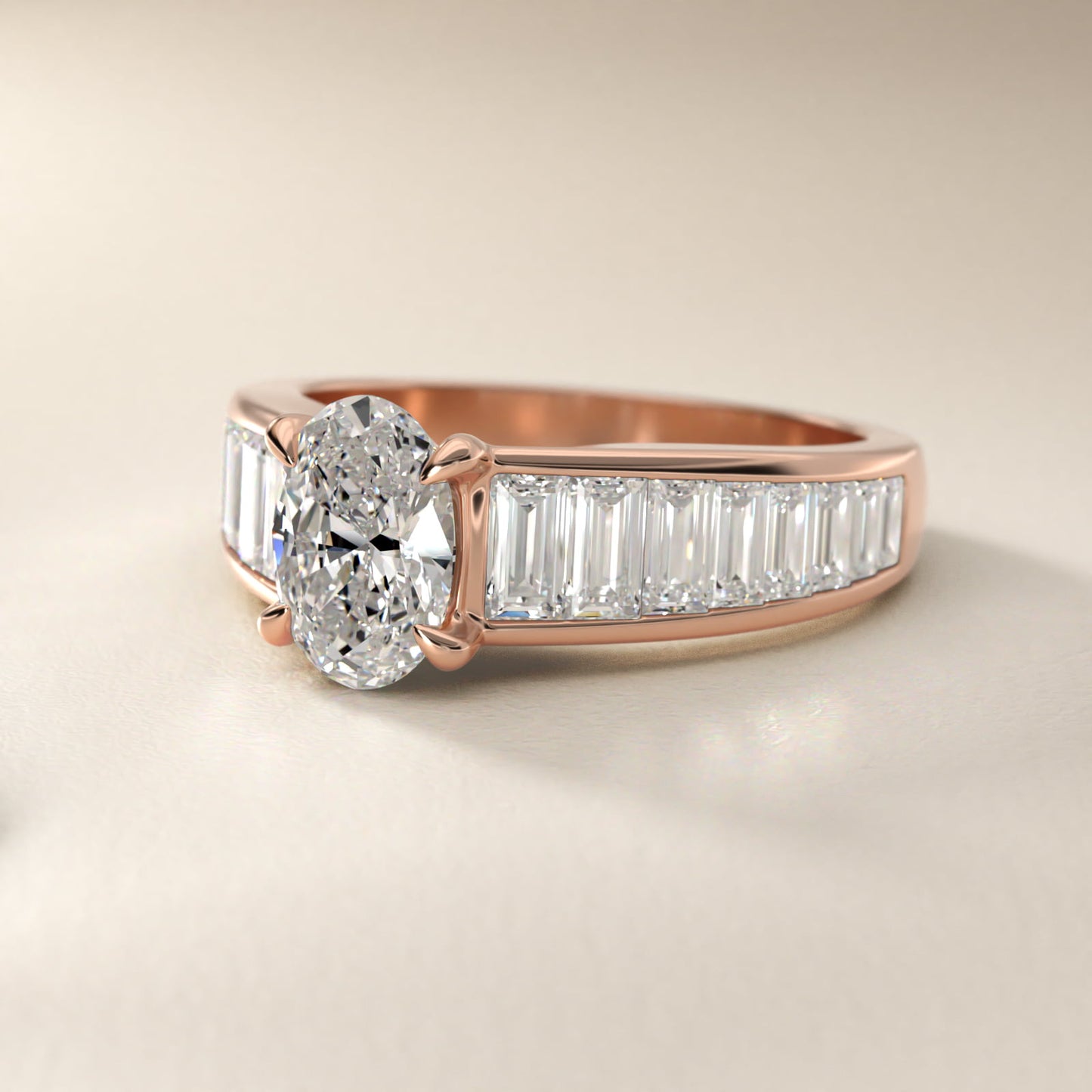 Baguette Channel Diamond Engagement Ring in 14k Rose Gold - Oval Center