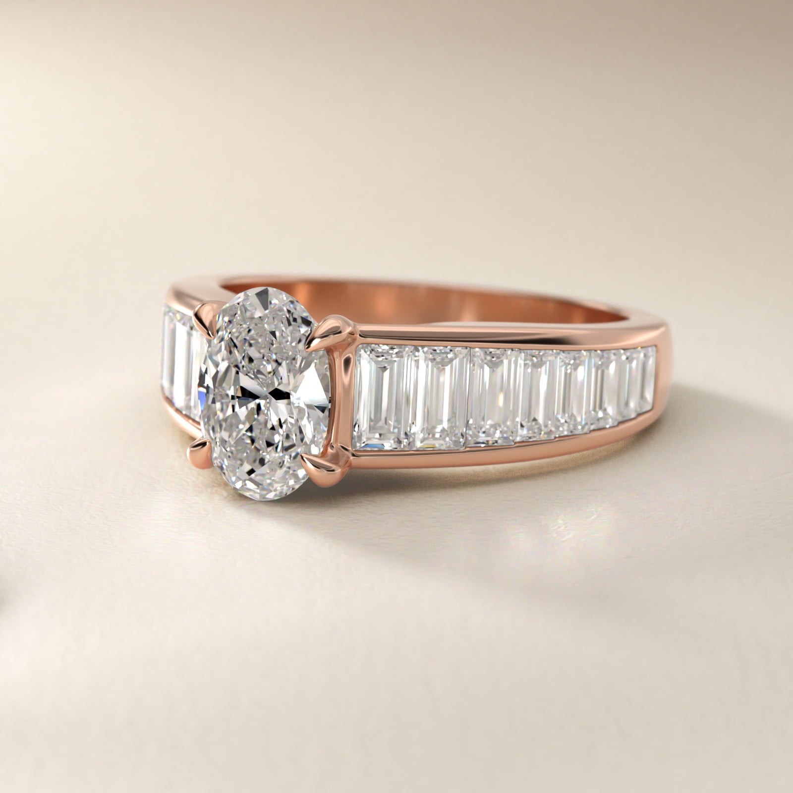 Baguette Channel Diamond Engagement Ring in 14k Rose Gold - Oval Center
