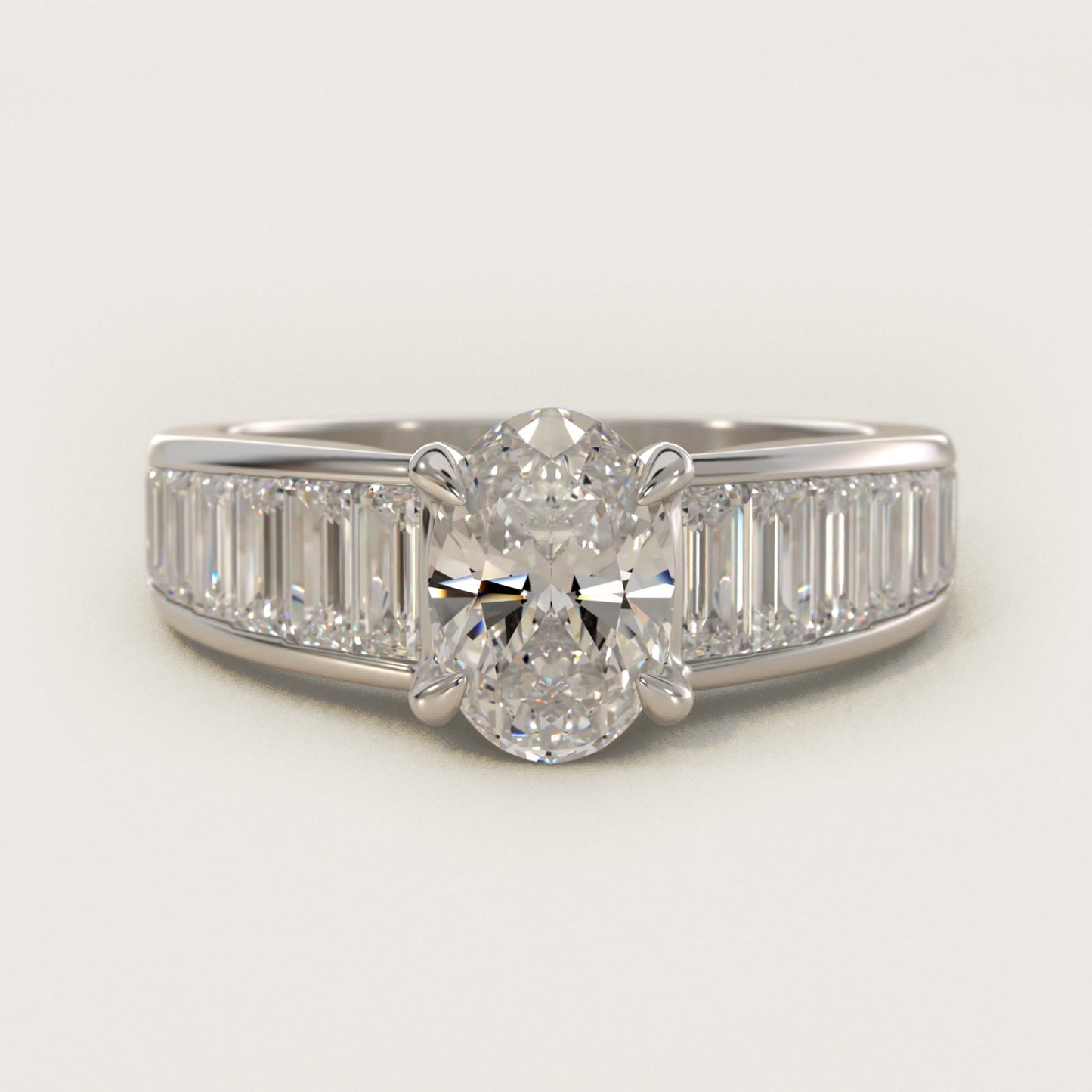 Baguette Channel Diamond Engagement Ring in 18k White Gold - Oval Center