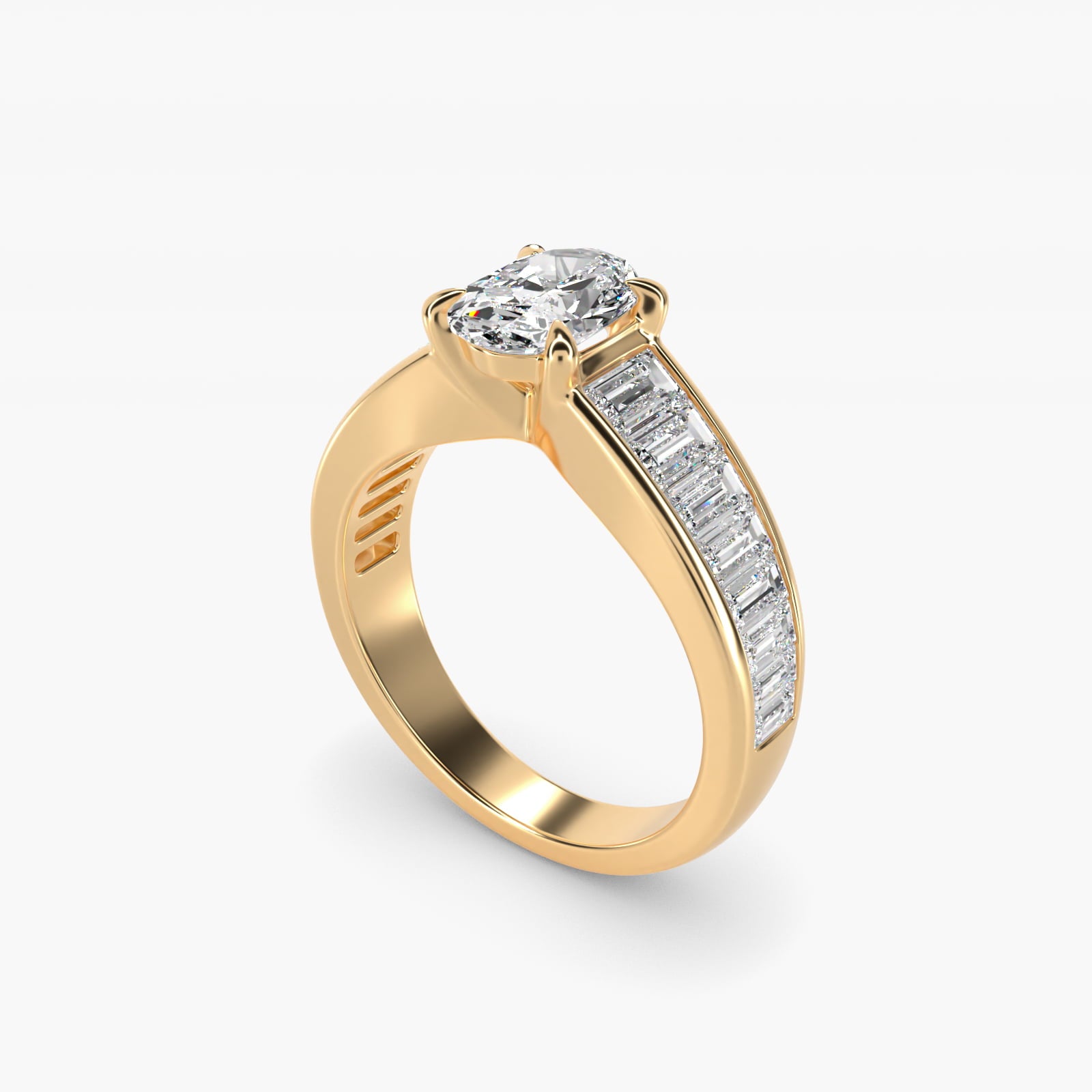 Baguette Channel Diamond Engagement Ring in 18k Yellow Gold - Oval Center