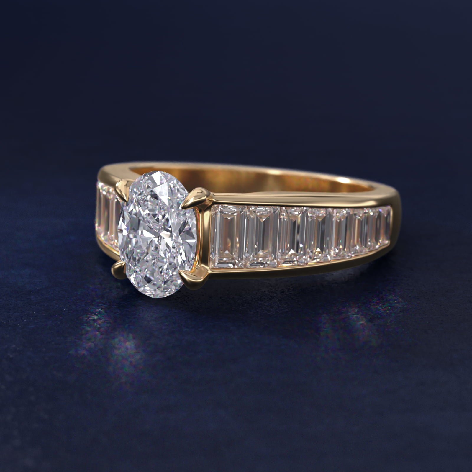 Baguette Channel Diamond Engagement Ring in 18k Yellow Gold - Oval Center