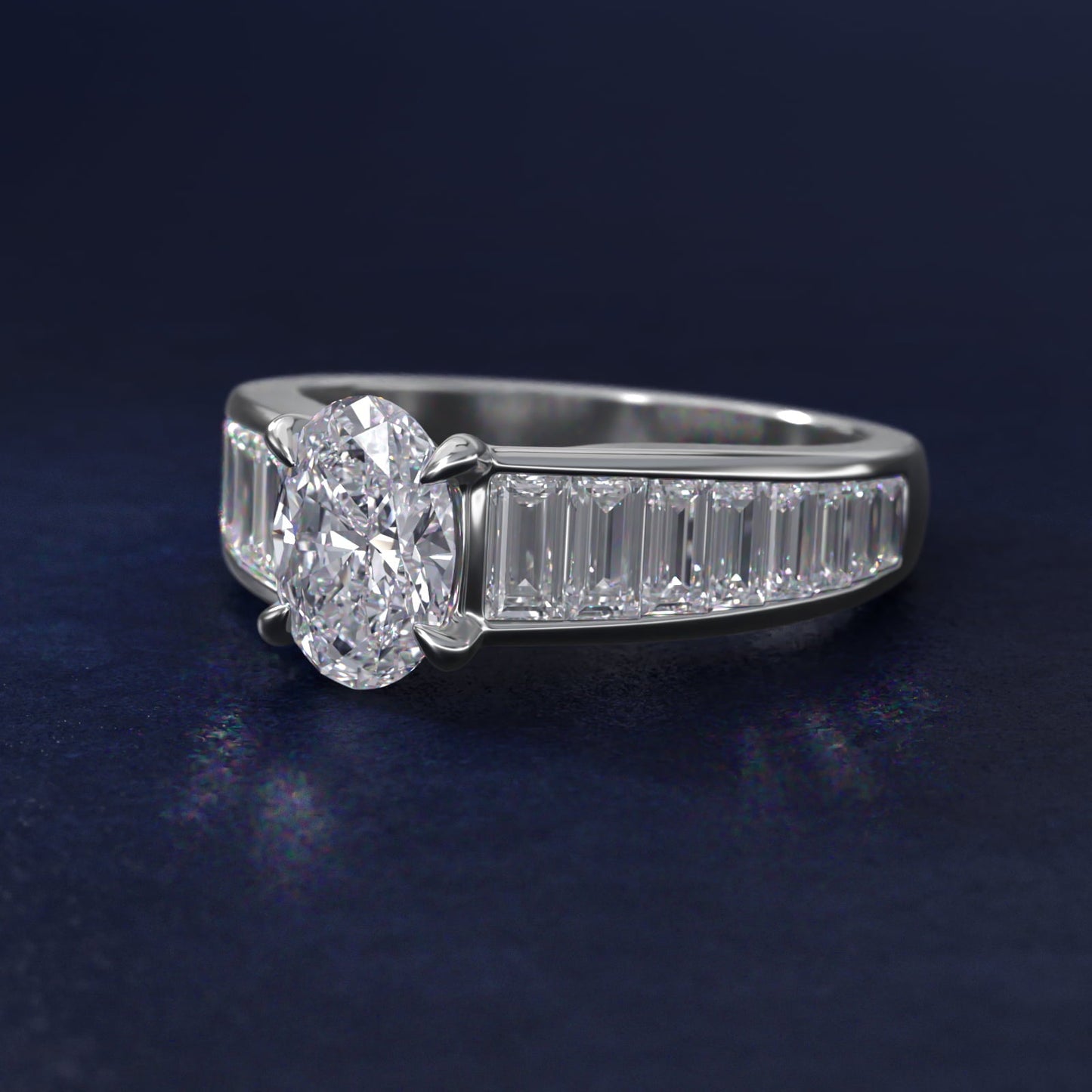 Baguette Channel Diamond Engagement Ring in Platinum - Oval Center