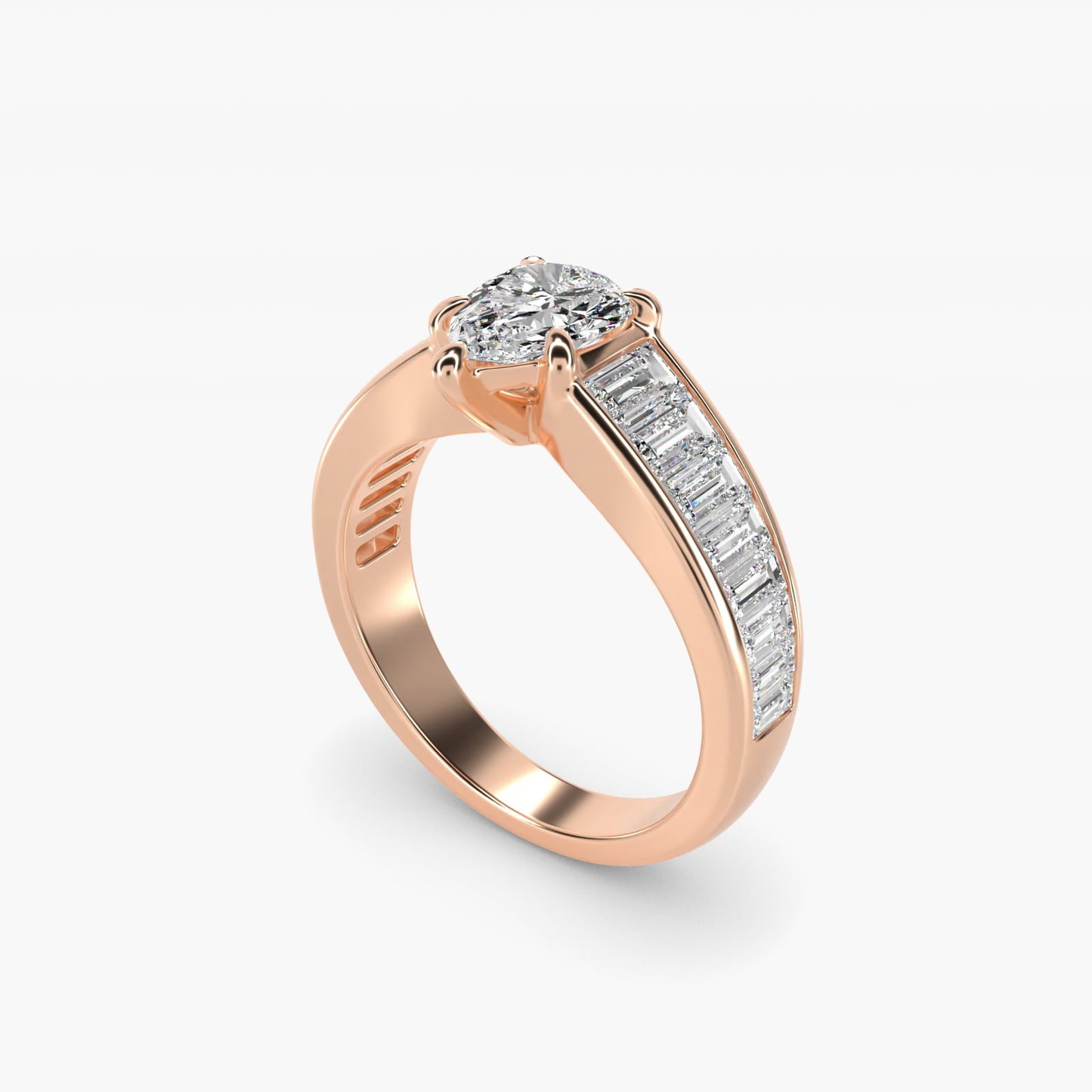 Baguette Channel Diamond Engagement Ring in 18k Rose Gold - Pear Center