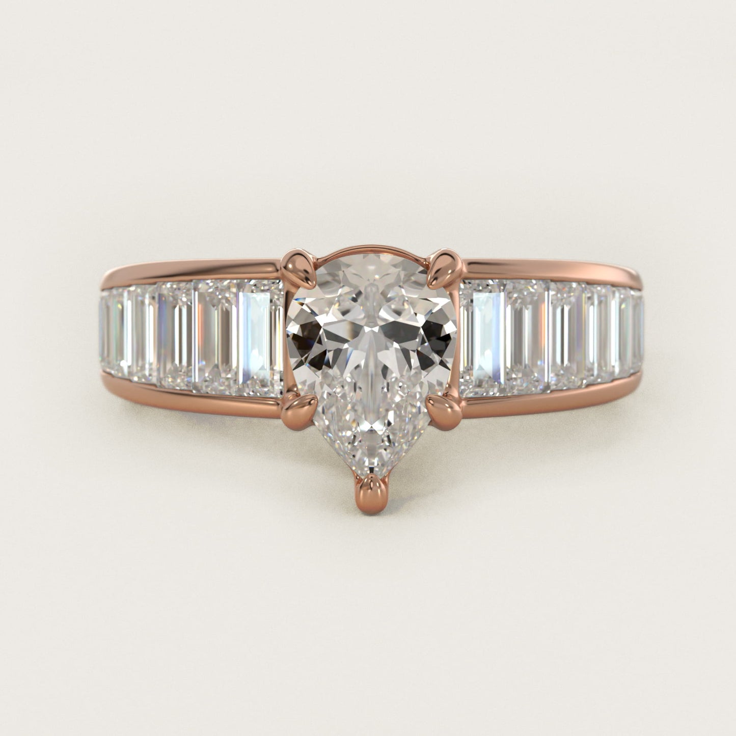 Baguette Channel Diamond Engagement Ring in 14k Rose Gold - Pear Center
