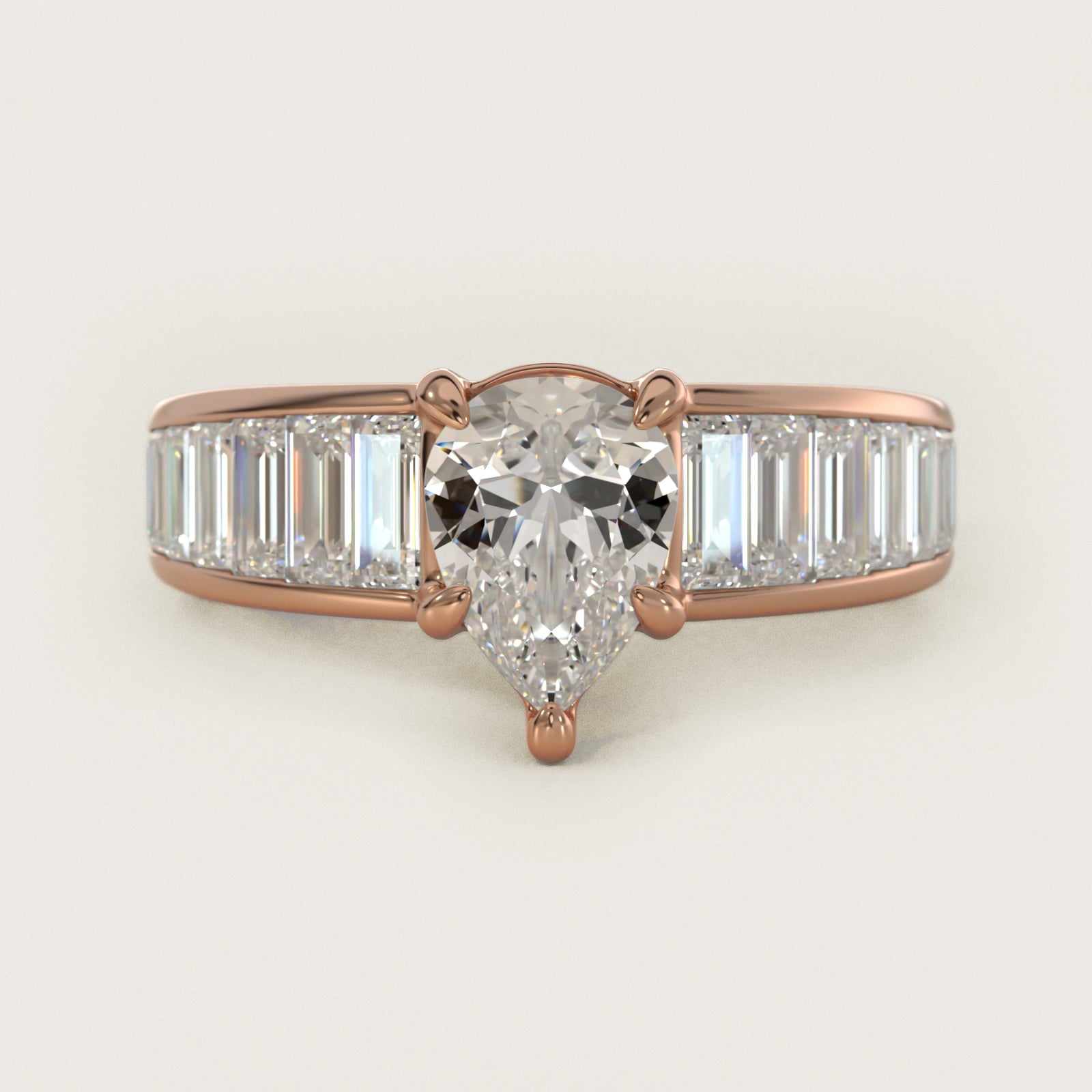 Baguette Channel Diamond Engagement Ring in 14k Rose Gold - Pear Center