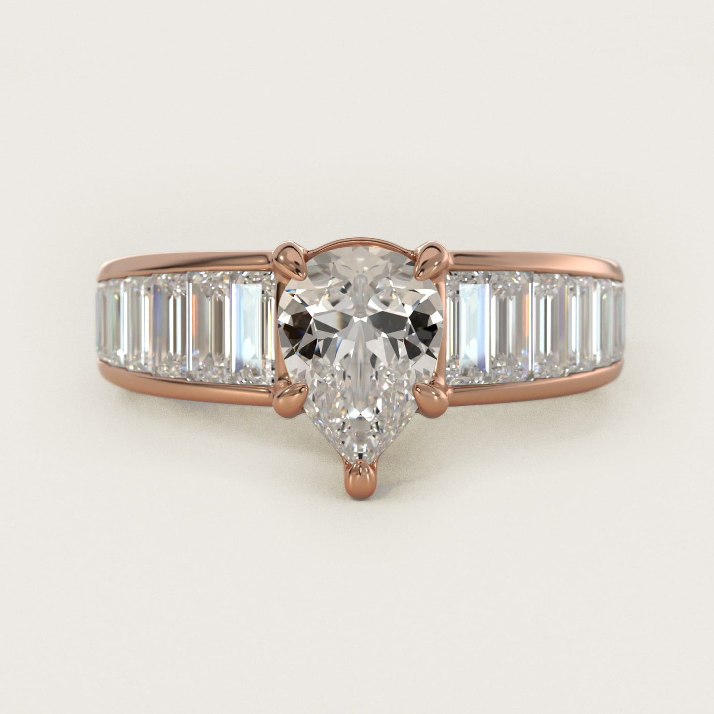 Baguette Channel Diamond Engagement Ring in 18k Rose Gold - Pear Center