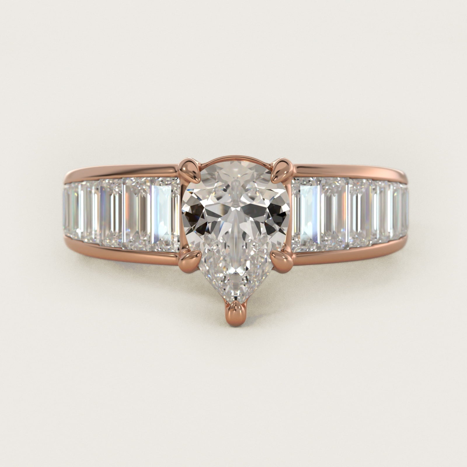 Baguette Channel Diamond Engagement Ring in 18k Rose Gold - Pear Center