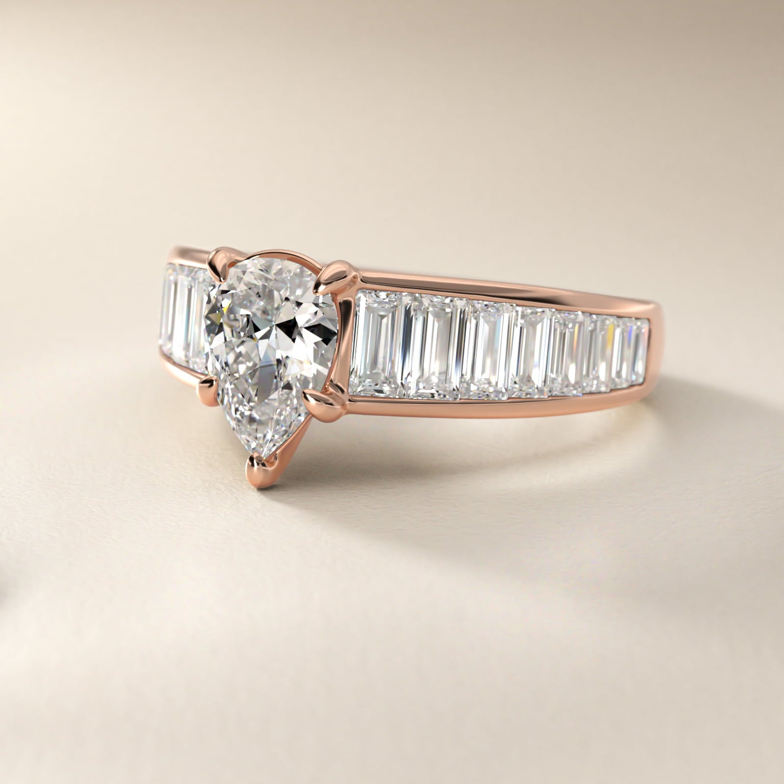 Baguette Channel Diamond Engagement Ring in 14k Rose Gold - Pear Center