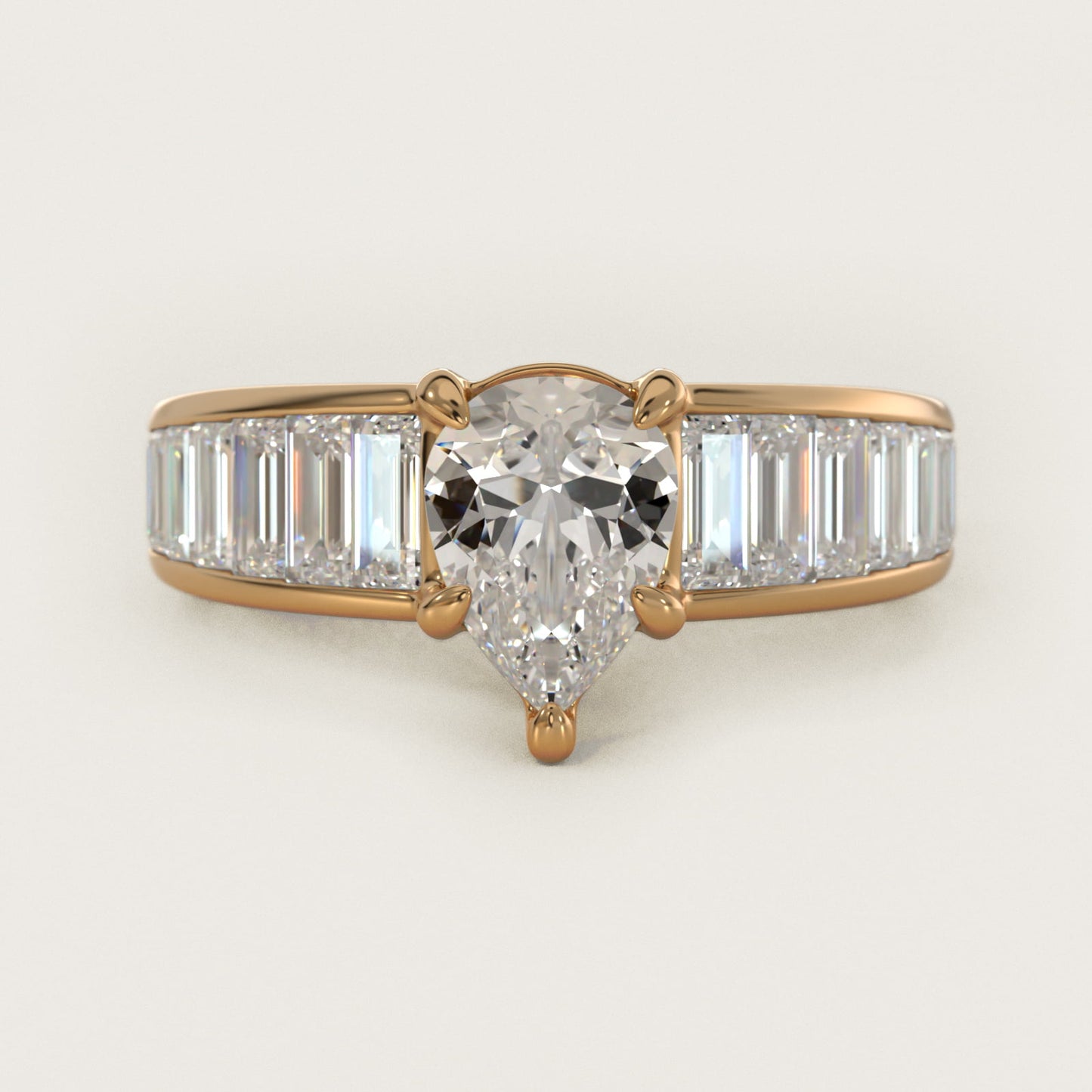 Baguette Channel Diamond Engagement Ring in 18k Yellow Gold - Pear Center
