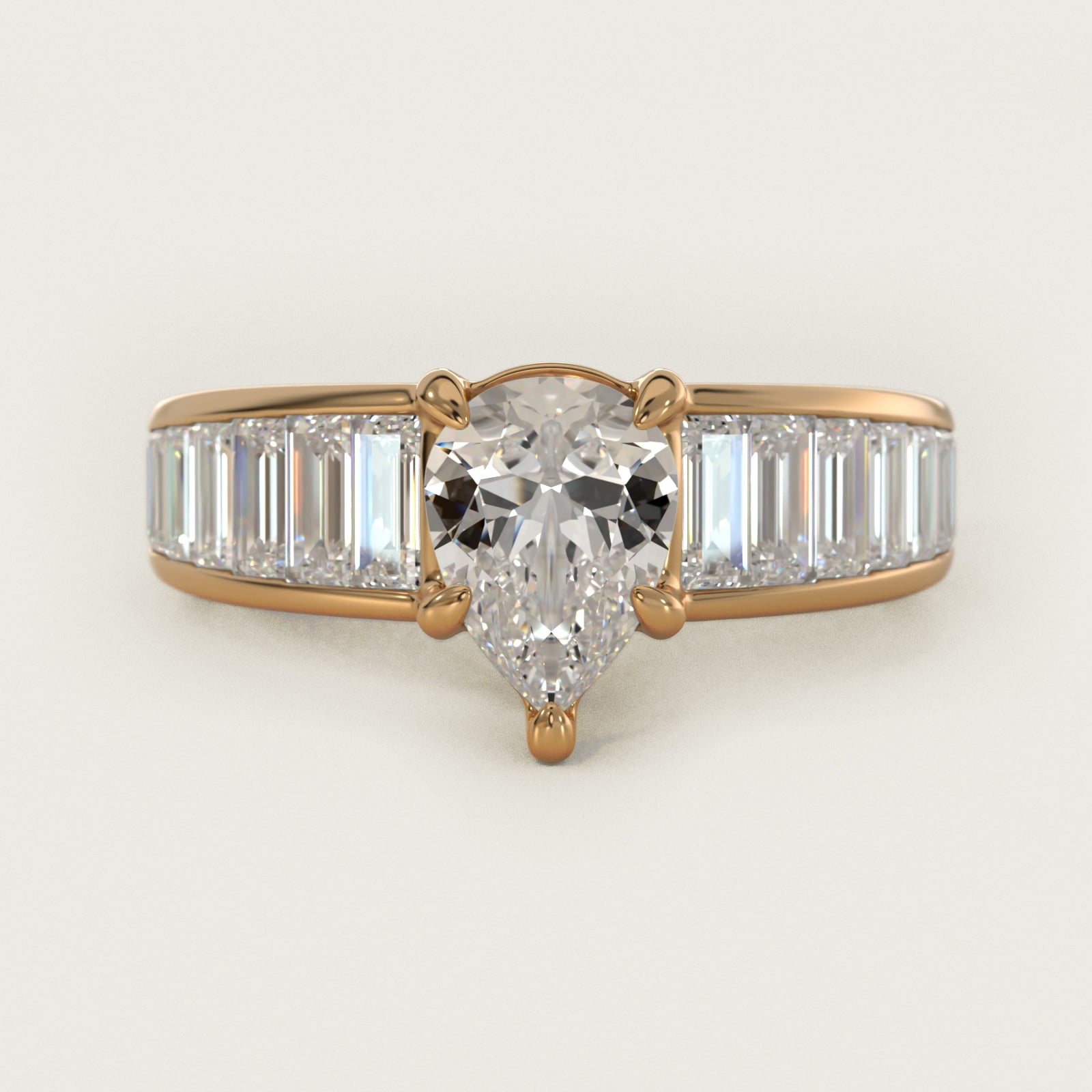 Baguette Channel Diamond Engagement Ring in 18k Yellow Gold - Pear Center