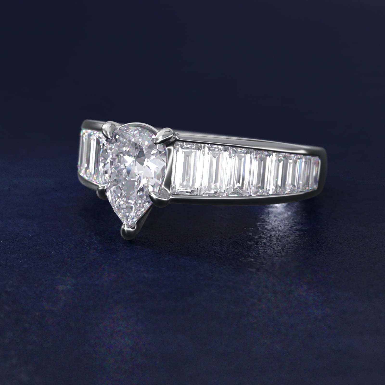 Baguette Channel Diamond Engagement Ring in Platinum - Pear Center