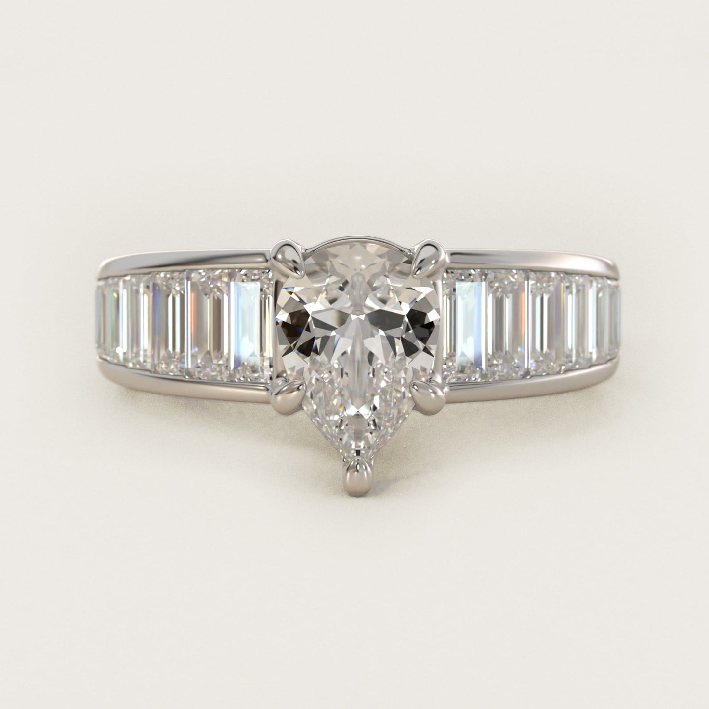 Baguette Channel Diamond Engagement Ring in Platinum - Pear Center