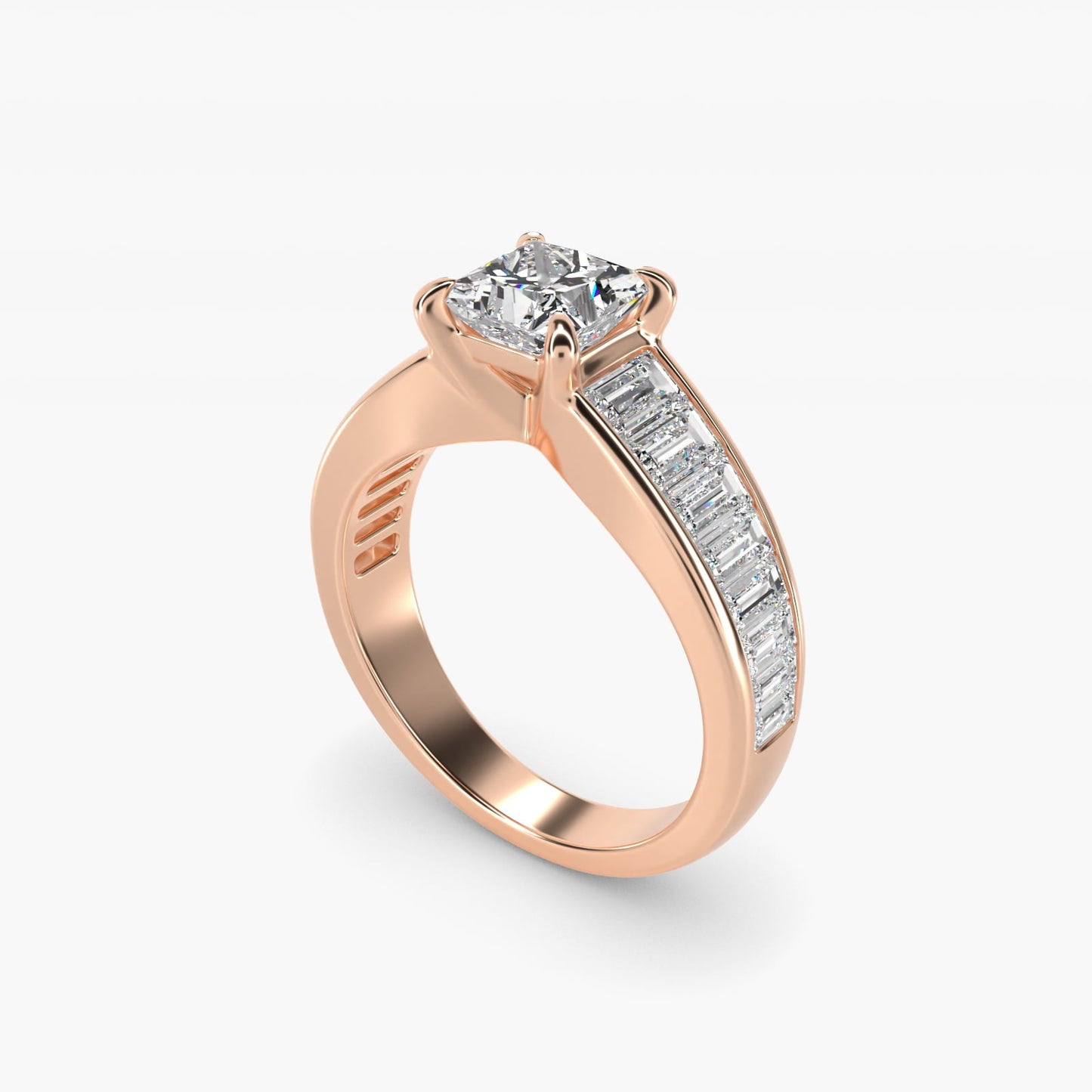 Baguette Channel Diamond Engagement Ring in 18k Rose Gold - Princess Center