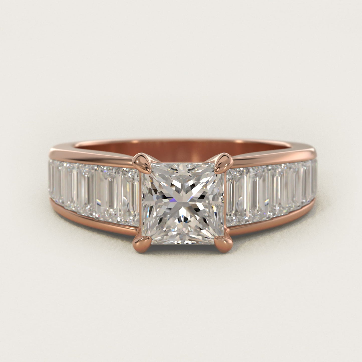Baguette Channel Diamond Engagement Ring in 14k Rose Gold - Princess Center