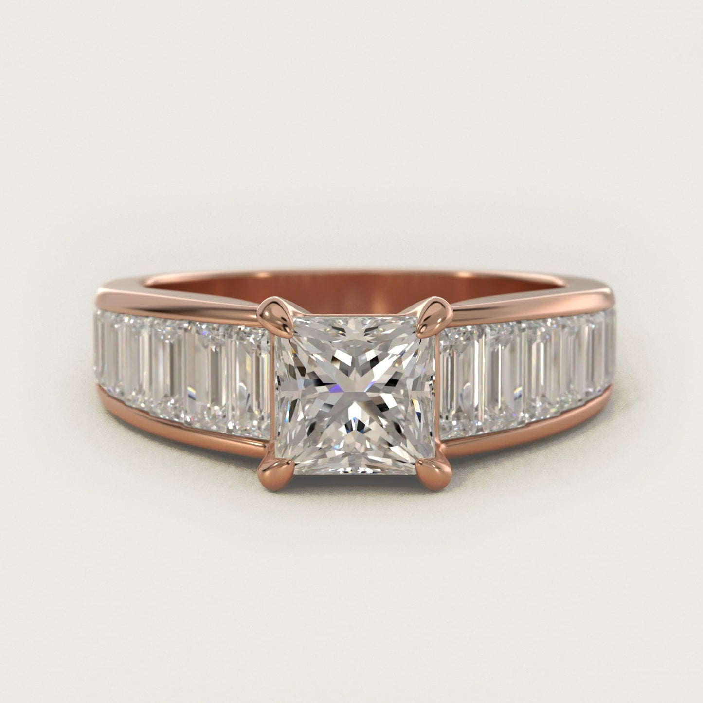 Baguette Channel Diamond Engagement Ring in 18k Rose Gold - Princess Center