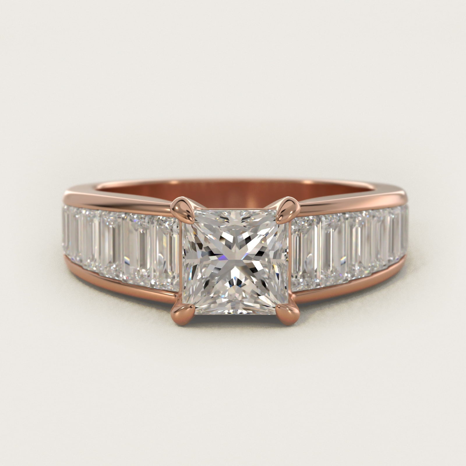 Baguette Channel Diamond Engagement Ring in 18k Rose Gold - Princess Center