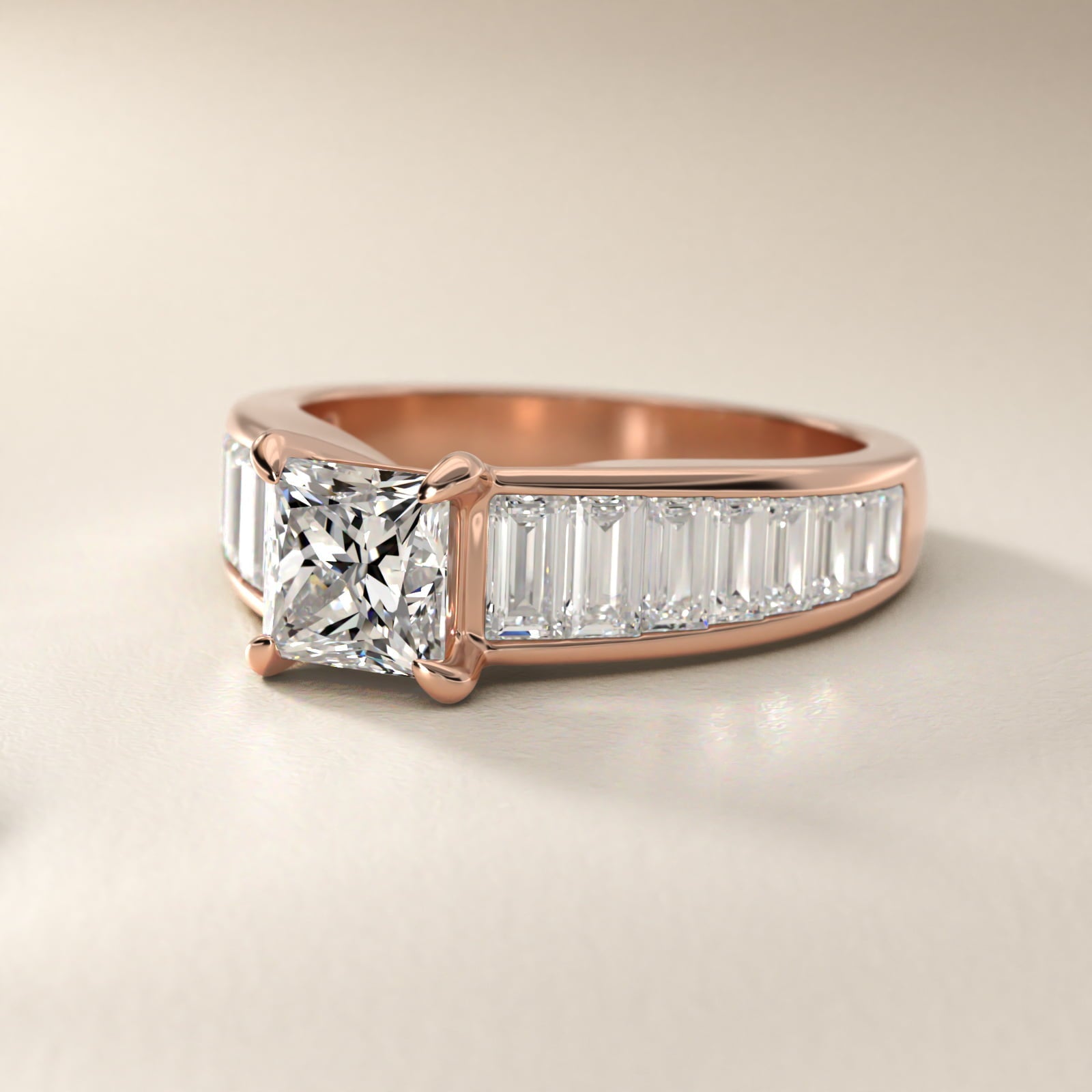 Baguette Channel Diamond Engagement Ring in 18k Rose Gold - Princess Center