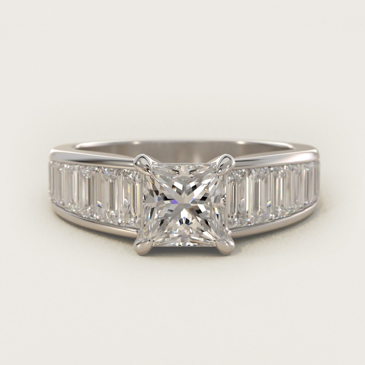 Baguette Channel Diamond Engagement Ring in 18k White Gold - Princess Center
