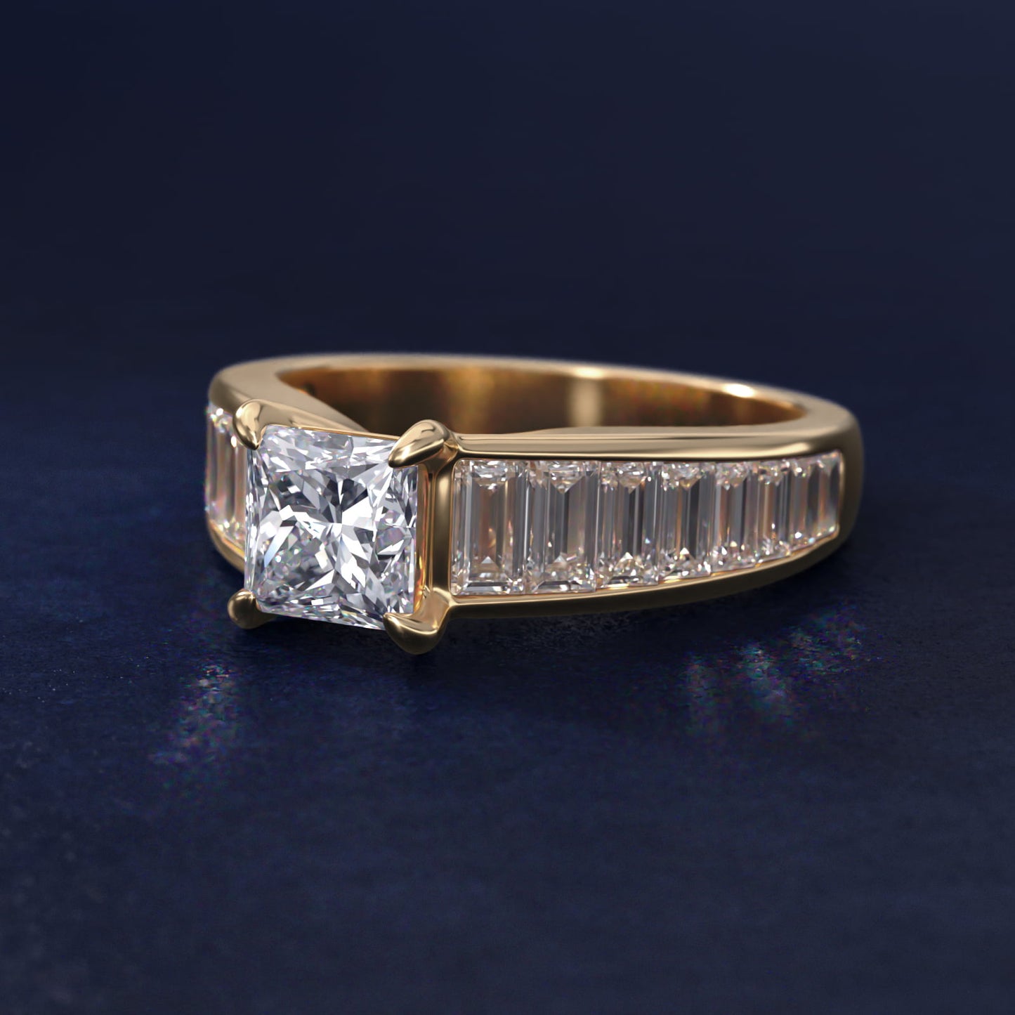 Baguette Channel Diamond Engagement Ring in 18k Yellow Gold - Princess Center