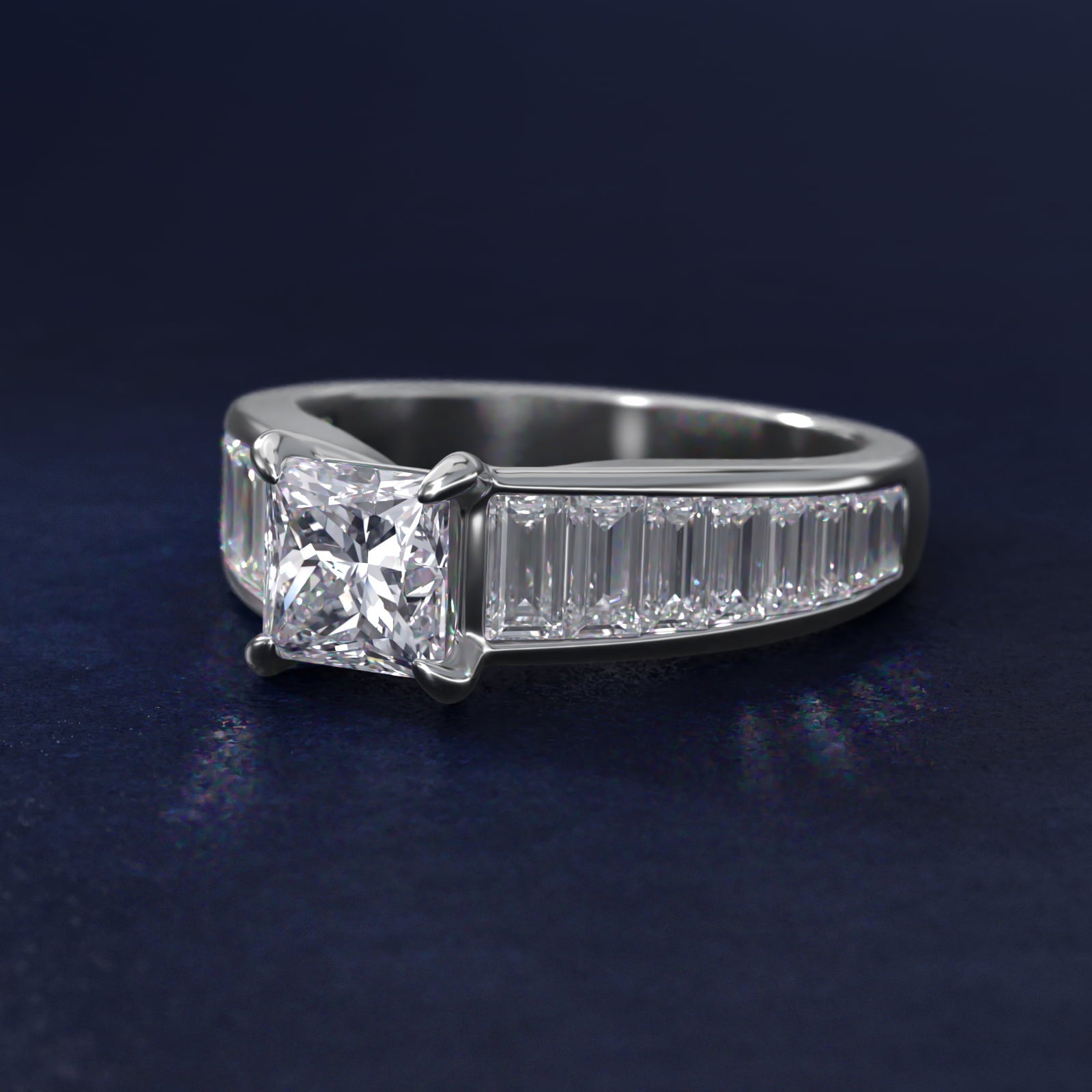 Baguette Channel Diamond Engagement Ring in Platinum - Princess Center