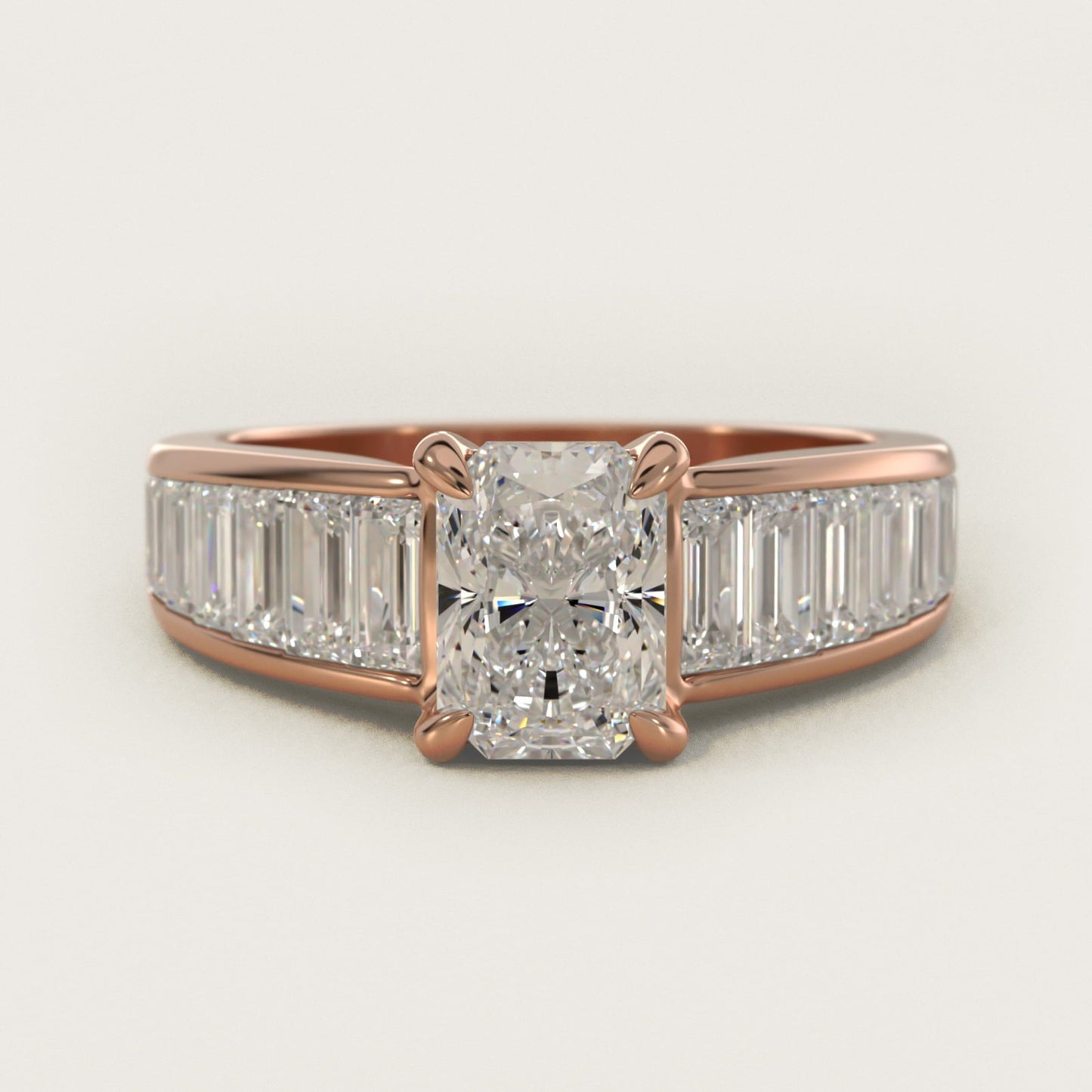 Baguette Channel Diamond Engagement Ring in 18k Rose Gold - Radiant Center