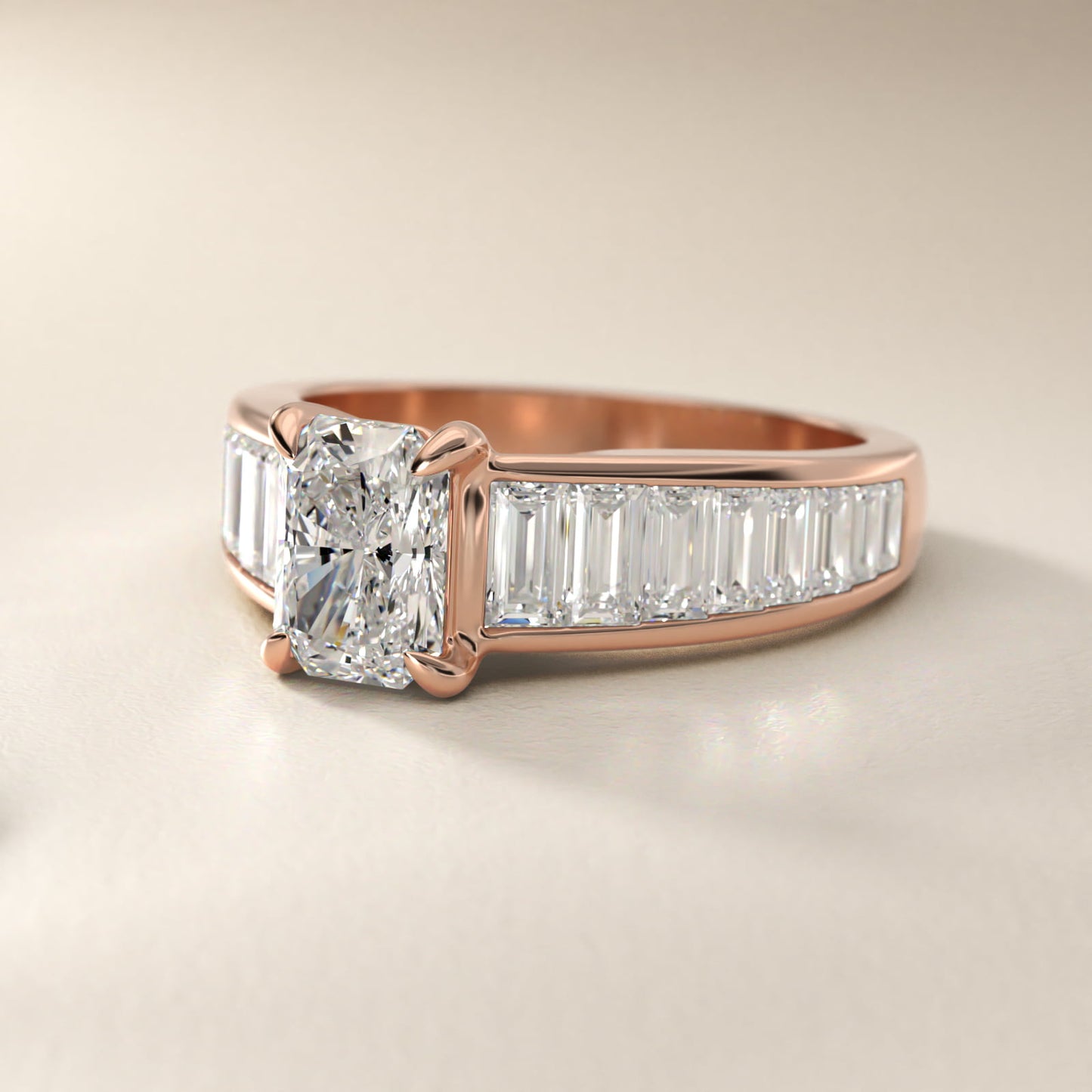 Baguette Channel Diamond Engagement Ring in 14k Rose Gold - Radiant Center