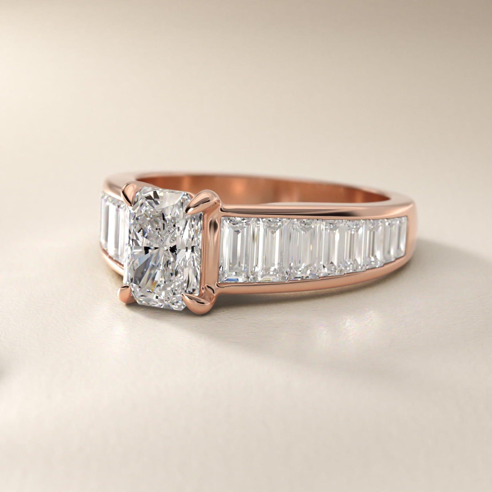 Baguette Channel Diamond Engagement Ring in 18k Rose Gold - Radiant Center