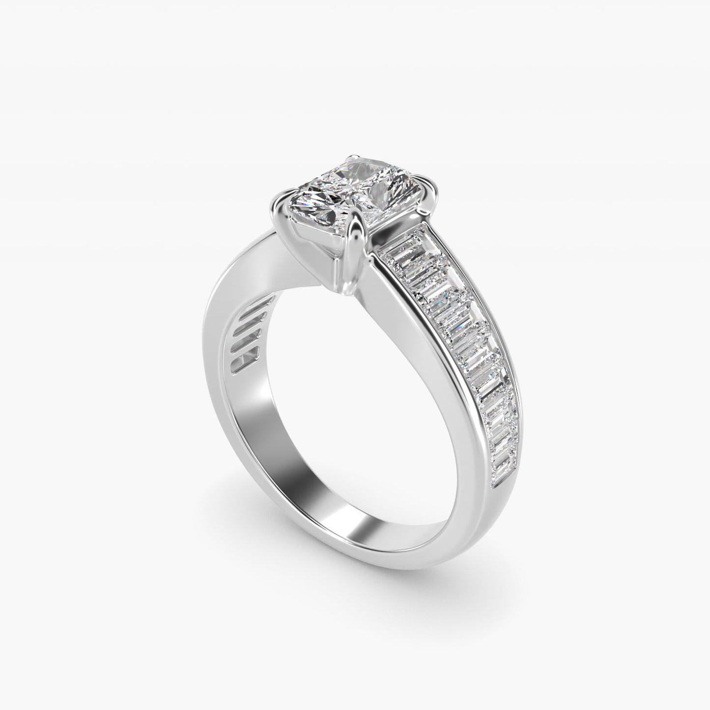Baguette Channel Diamond Engagement Ring in 18k White Gold - Radiant Center