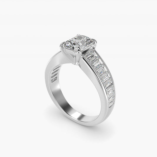 Baguette Channel Diamond Engagement Ring in 18k White Gold - Radiant Center